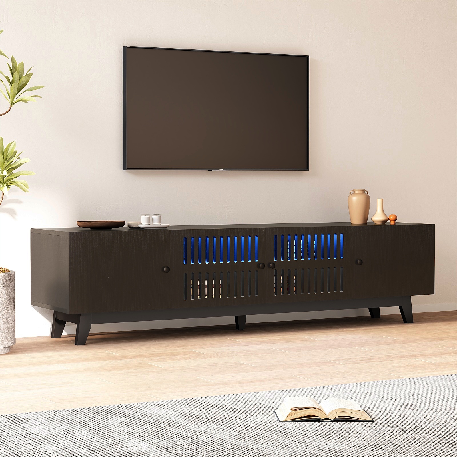 Modern TV Stand Cabinet for 75” TVs, LED TV Console Entertainment Center with Adjustable Shelves & Storage Doors, Black