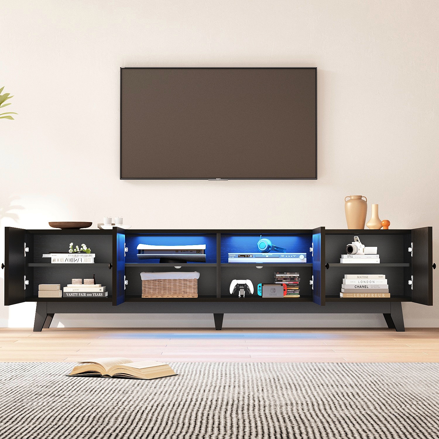 Modern TV Stand Cabinet for 75” TVs, LED TV Console Entertainment Center with Adjustable Shelves & Storage Doors, Black