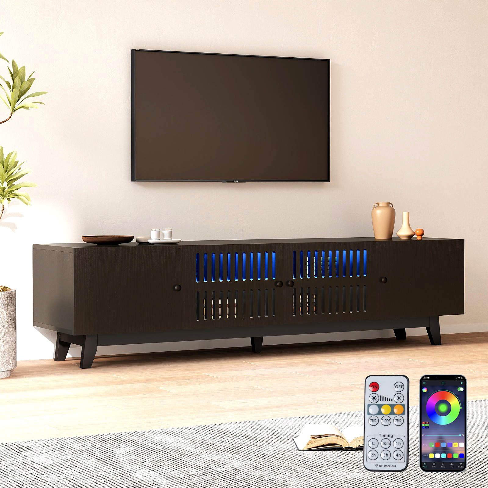 Modern TV Stand Cabinet for 75” TVs, LED TV Console Entertainment Center with Adjustable Shelves & Storage Doors, Black