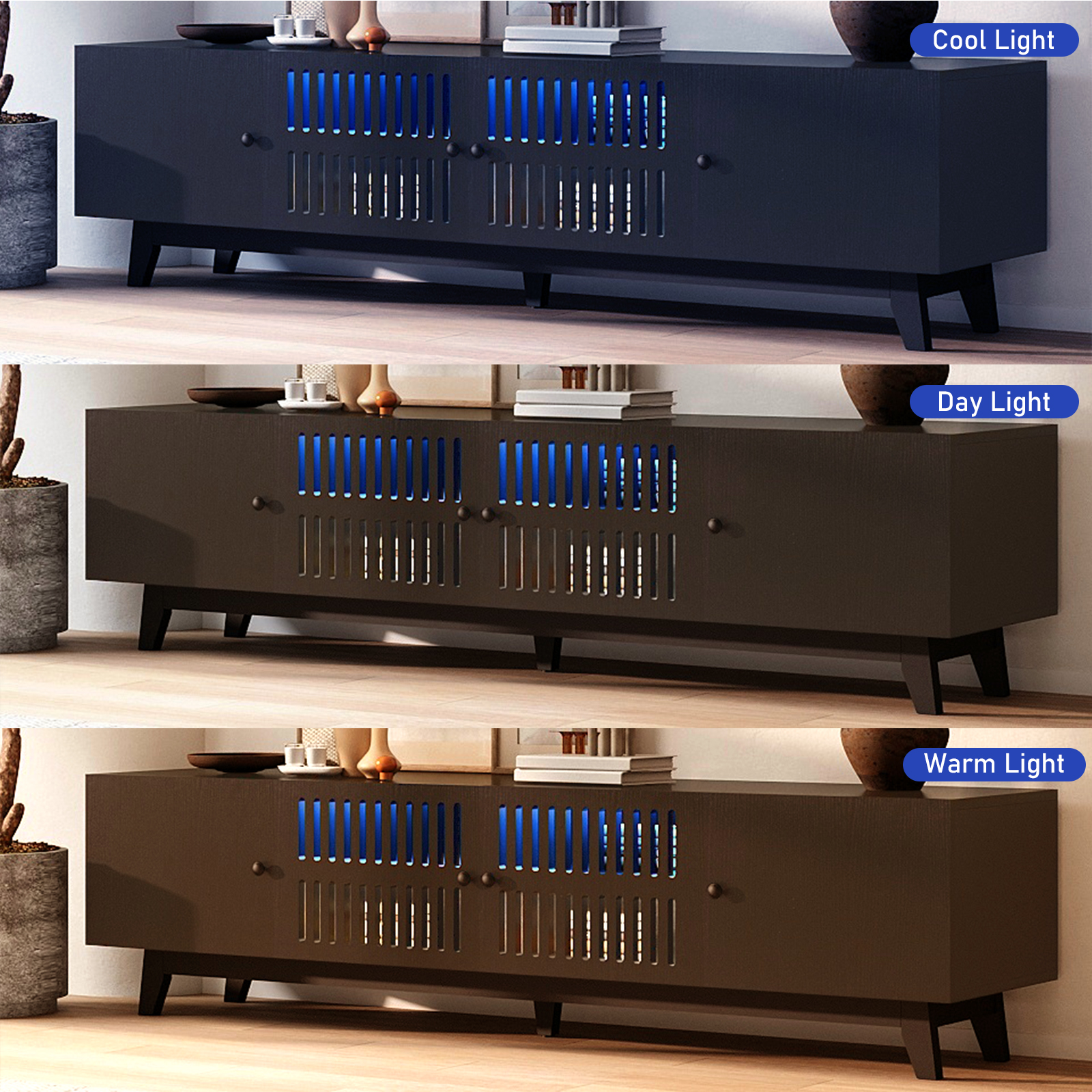 Modern TV Stand Cabinet for 75” TVs, LED TV Console Entertainment Center with Adjustable Shelves & Storage Doors, Black