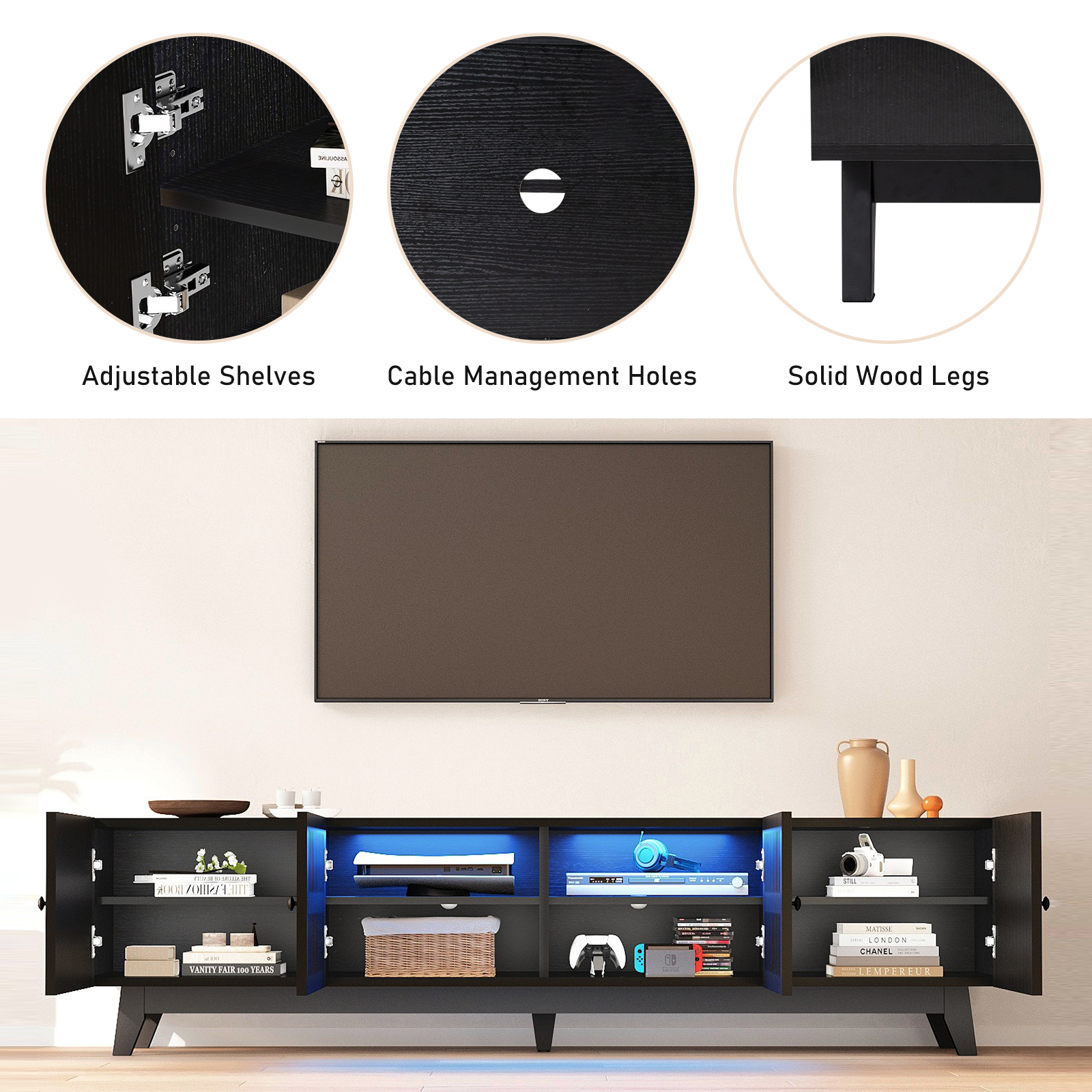 Modern TV Stand Cabinet for 75” TVs, LED TV Console Entertainment Center with Adjustable Shelves & Storage Doors, Black