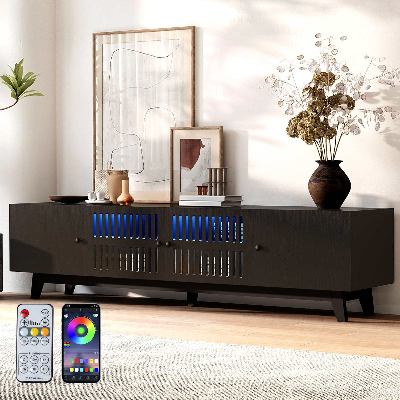 Modern TV Stand Cabinet for 75” TVs, LED TV Console Entertainment Center with Adjustable Shelves & Storage Doors, Black