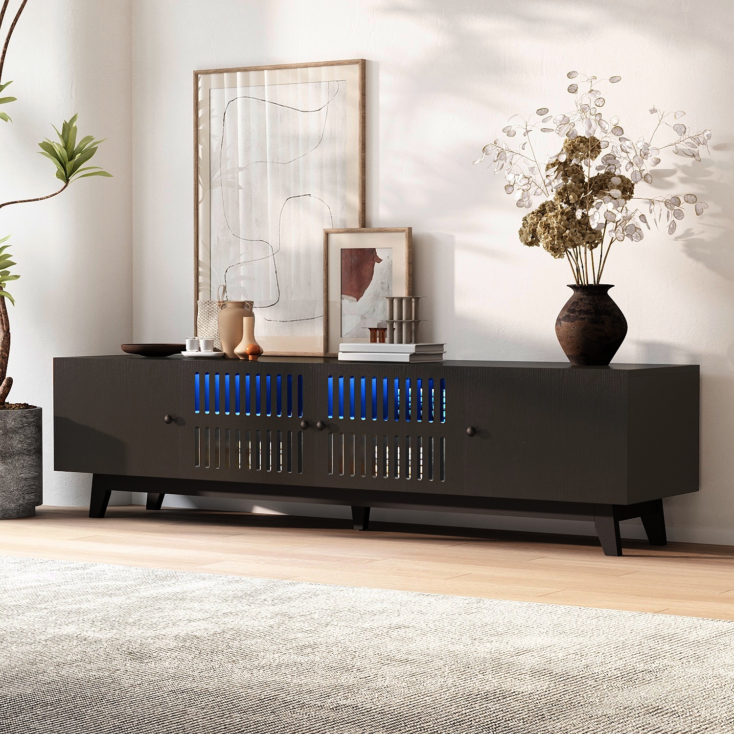 Modern TV Stand Cabinet for 75” TVs, LED TV Console Entertainment Center with Adjustable Shelves & Storage Doors, Black