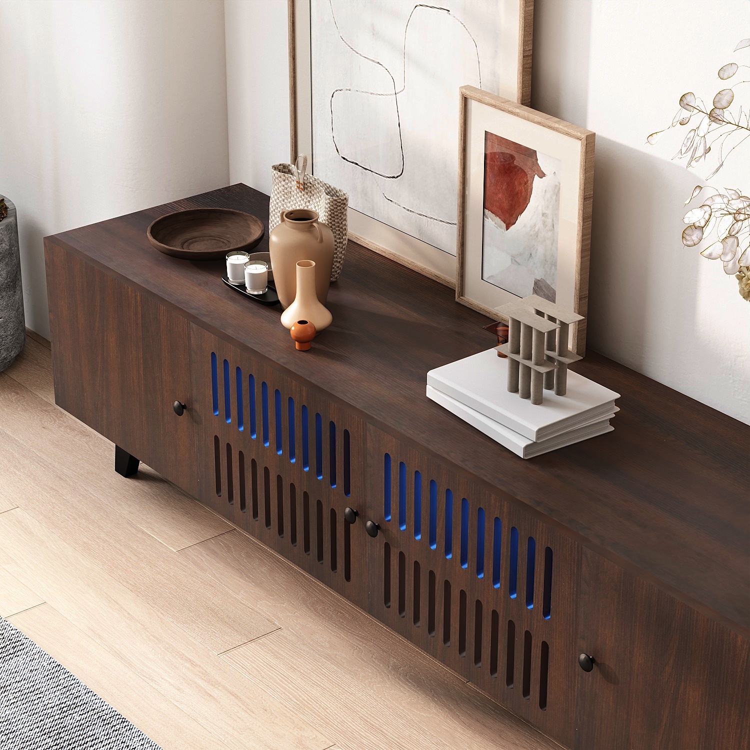 Modern TV Stand Cabinet for 75” TVs, LED TV Console Entertainment Center with Adjustable Shelves & Storage Doors, Black