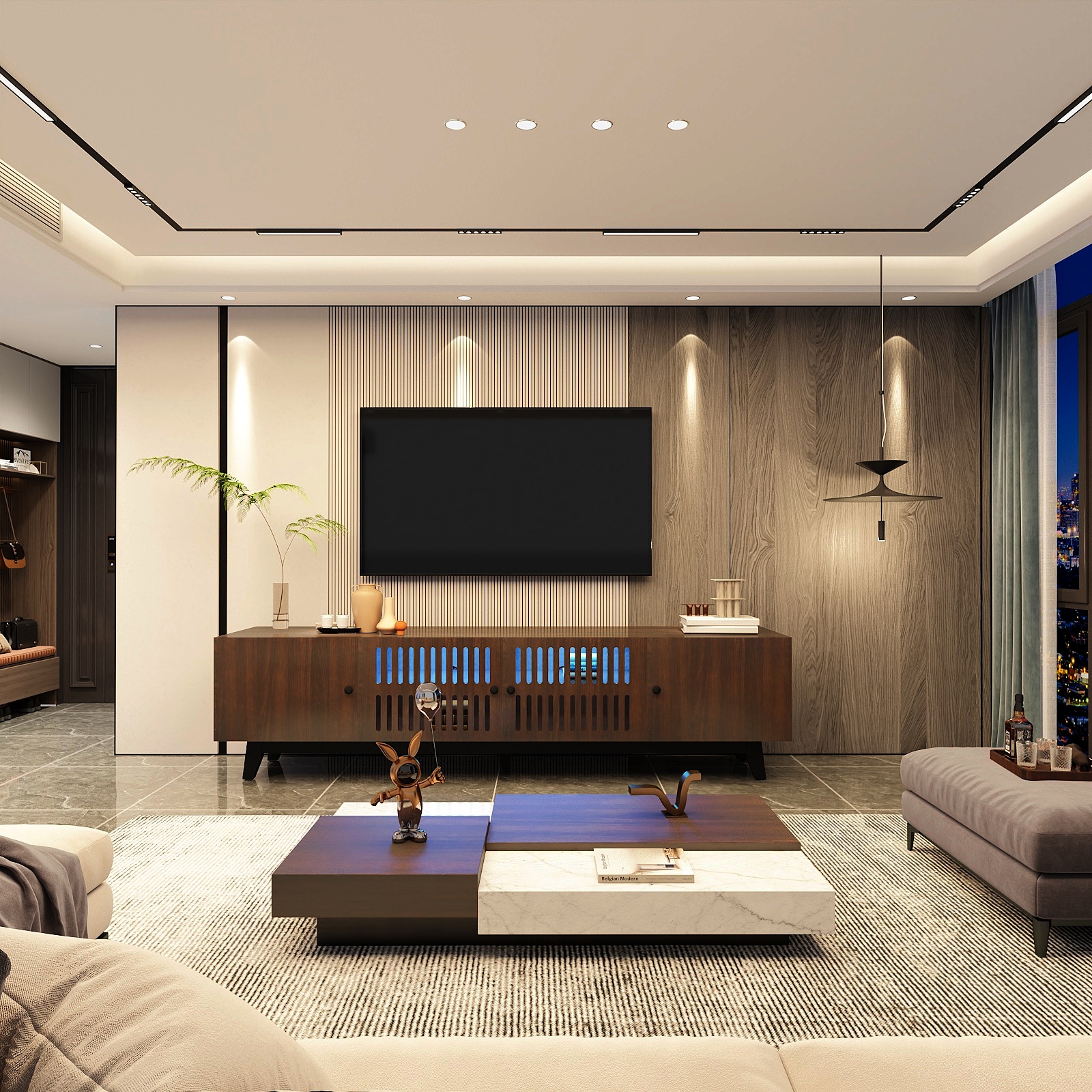 Modern TV Stand Cabinet for 75” TVs, LED TV Console Entertainment Center with Adjustable Shelves & Storage Doors, Black