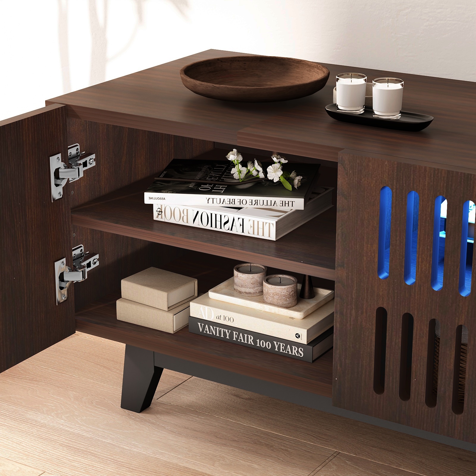 Modern TV Stand Cabinet for 75” TVs, LED TV Console Entertainment Center with Adjustable Shelves & Storage Doors, Black