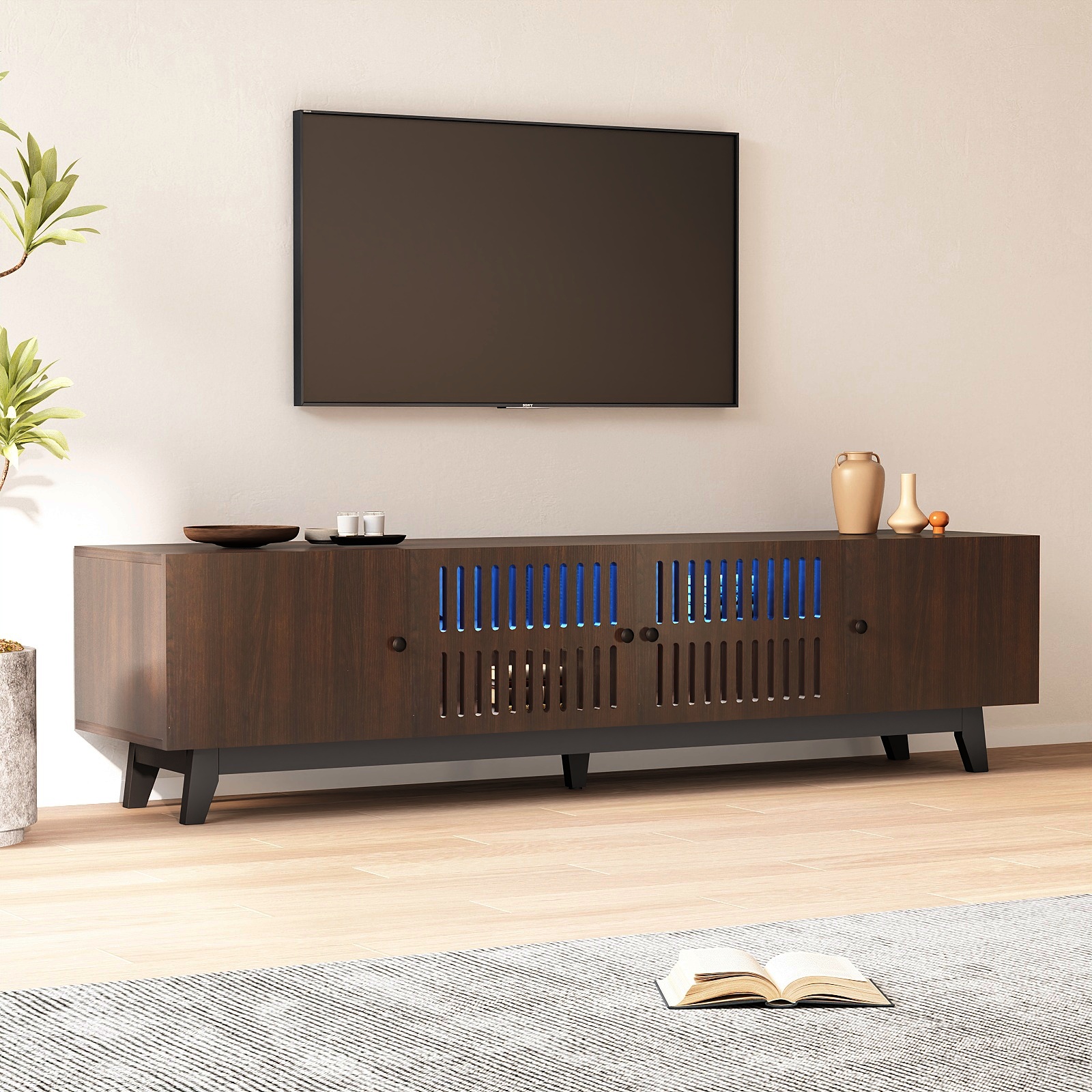 Modern TV Stand Cabinet for 75” TVs, LED TV Console Entertainment Center with Adjustable Shelves & Storage Doors, Black