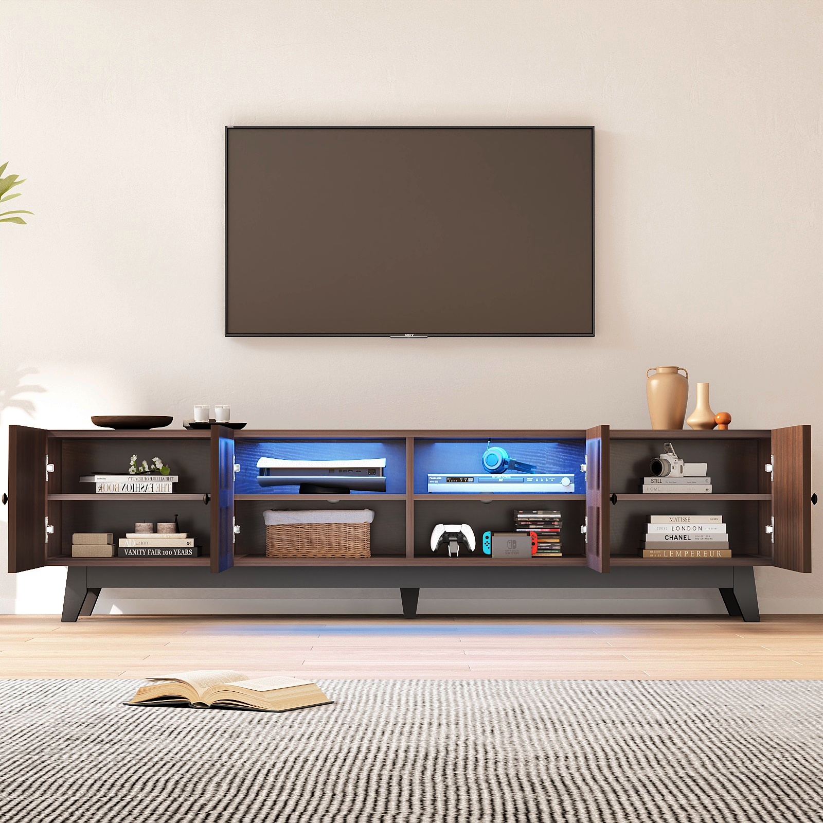 Modern TV Stand Cabinet for 75” TVs, LED TV Console Entertainment Center with Adjustable Shelves & Storage Doors, Black