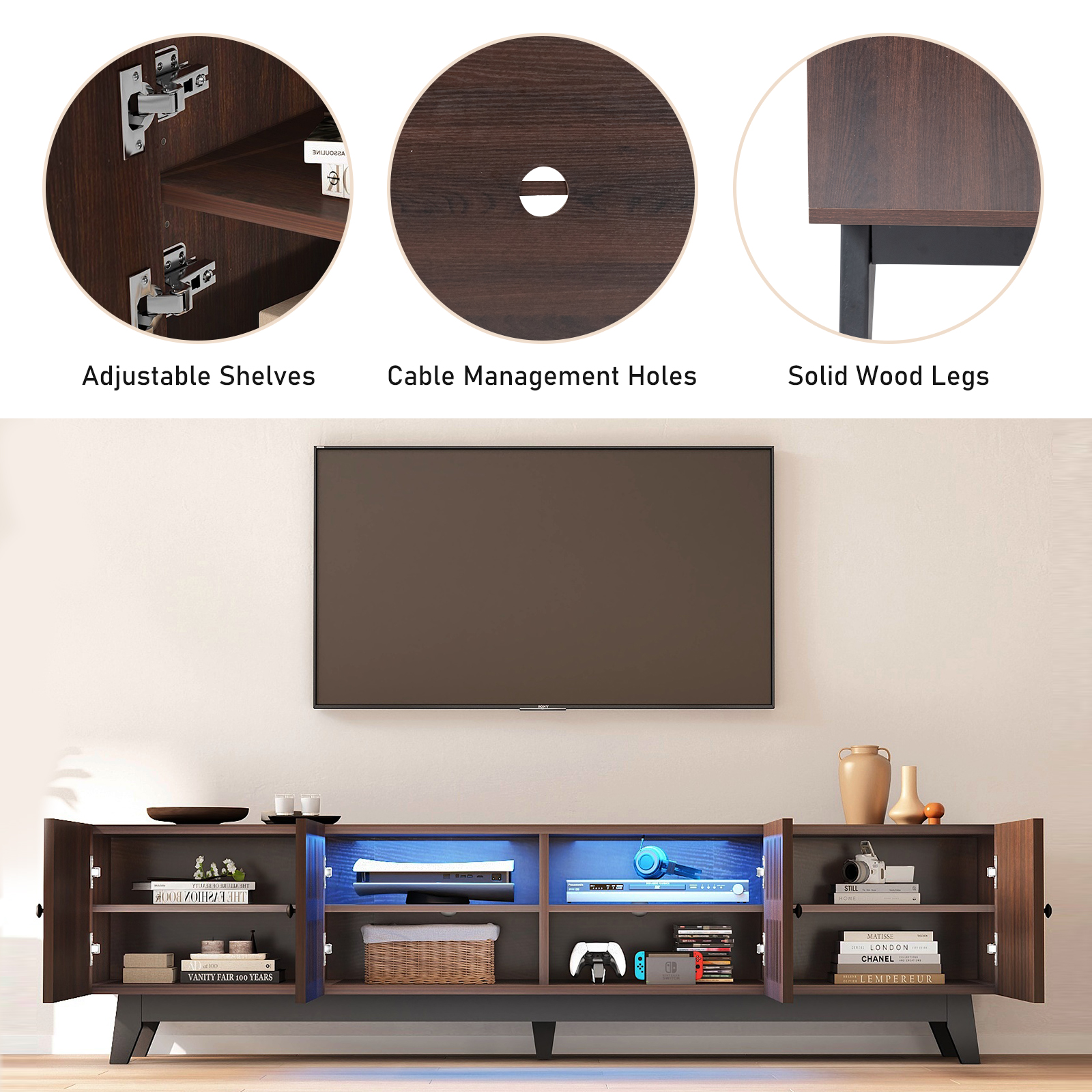 Modern TV Stand Cabinet for 75” TVs, LED TV Console Entertainment Center with Adjustable Shelves & Storage Doors, Black