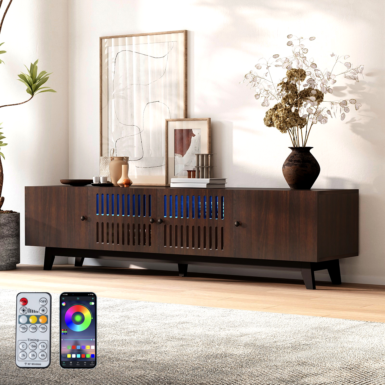 Modern TV Stand Cabinet for 75” TVs, LED TV Console Entertainment Center with Adjustable Shelves & Storage Doors, Black