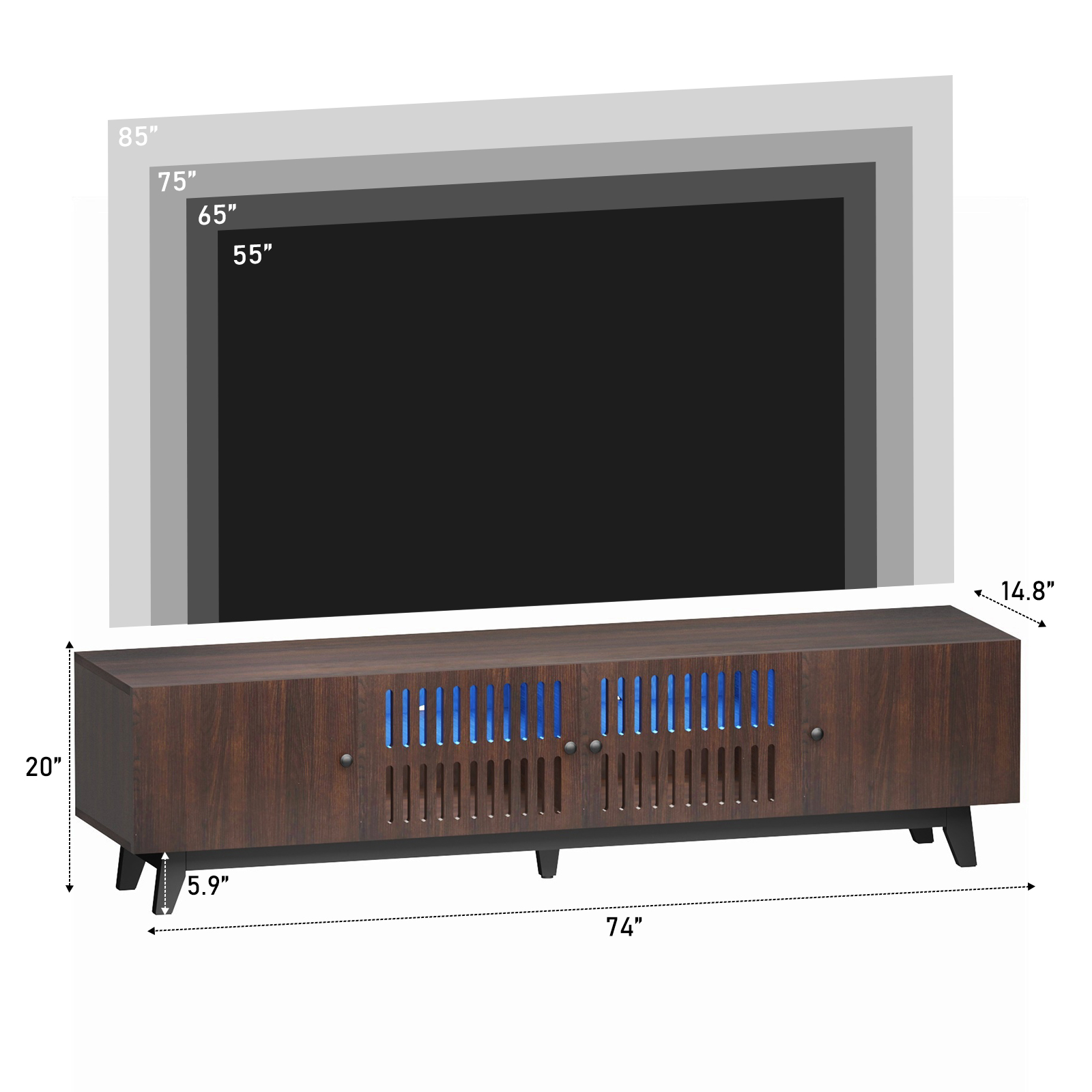 Modern TV Stand Cabinet for 75” TVs, LED TV Console Entertainment Center with Adjustable Shelves & Storage Doors, Black
