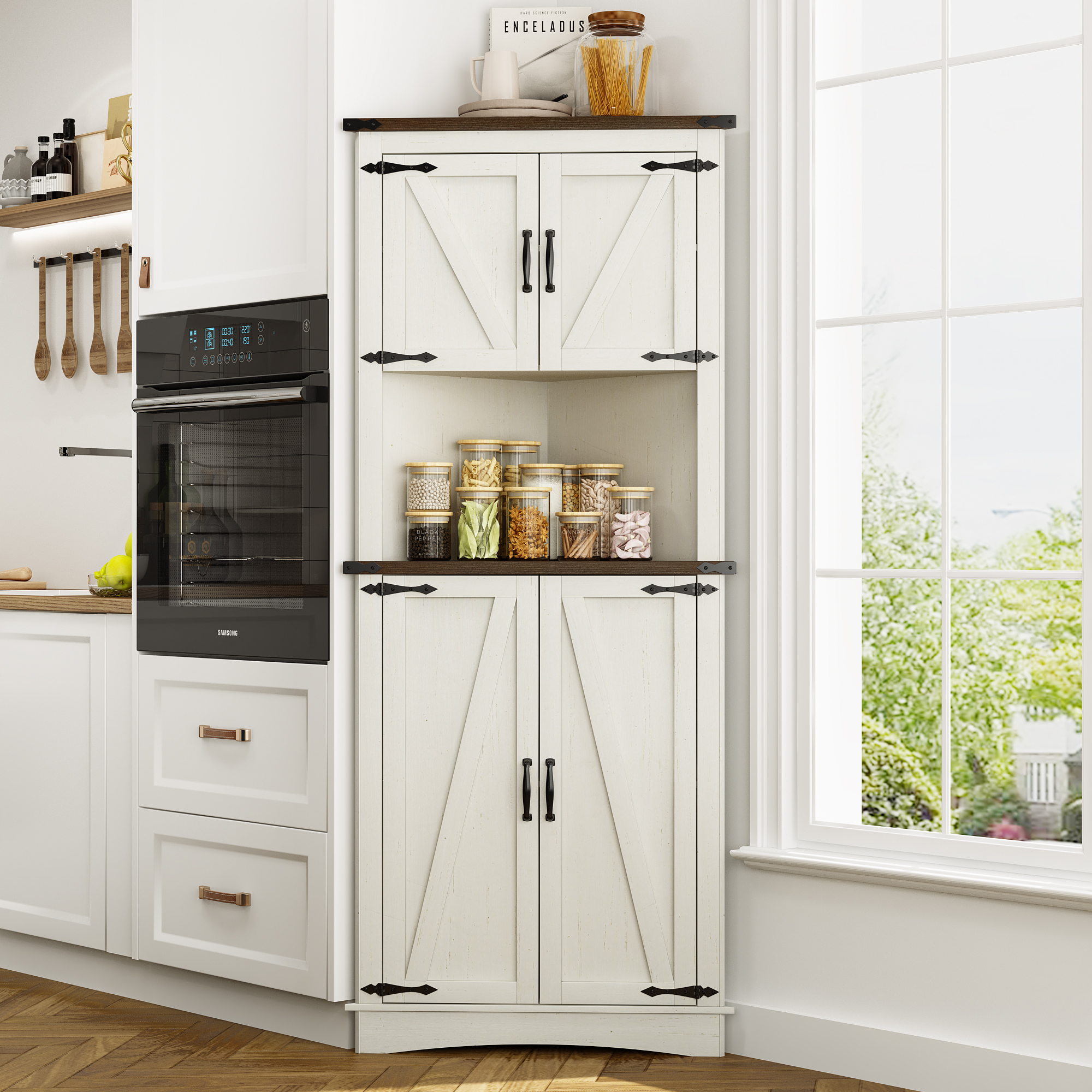 68" Tall Farmhouse Corner Cabinet with 4 Doors, 28.3" W Barn Door Storage Cabinet with Adjustable Shelves, 5 Tier Corner Storage Cabinet for Bathroom,Living Room,Kitchen