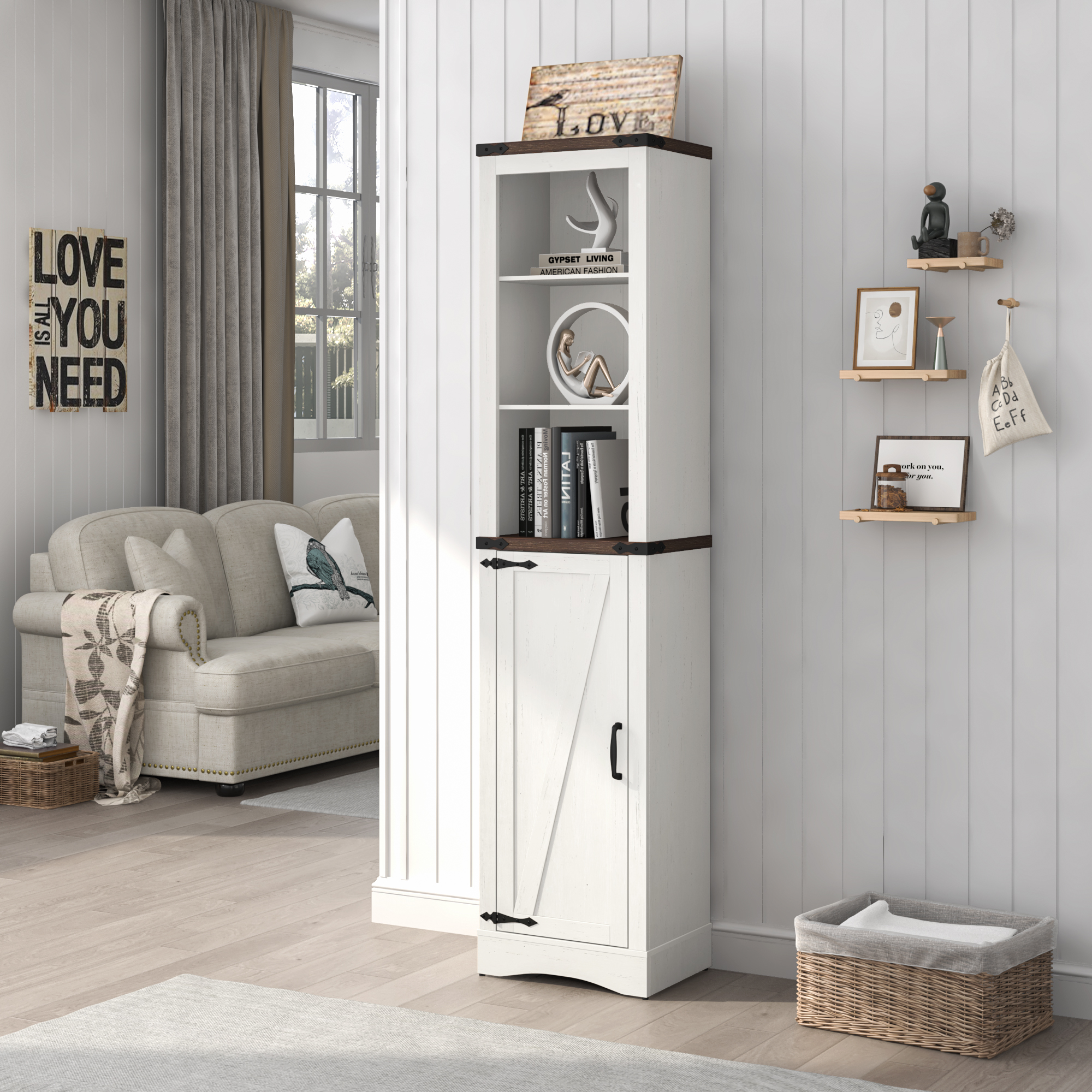 Blotout 64" White Tall Bathroom Cabinet, 6 Shelf Morden Bathroom Storage Cabinet with 4 Doors/Adjustable Shelf,Floor Freestanding Cabinet for Bathroom,Kitchen,Living Room