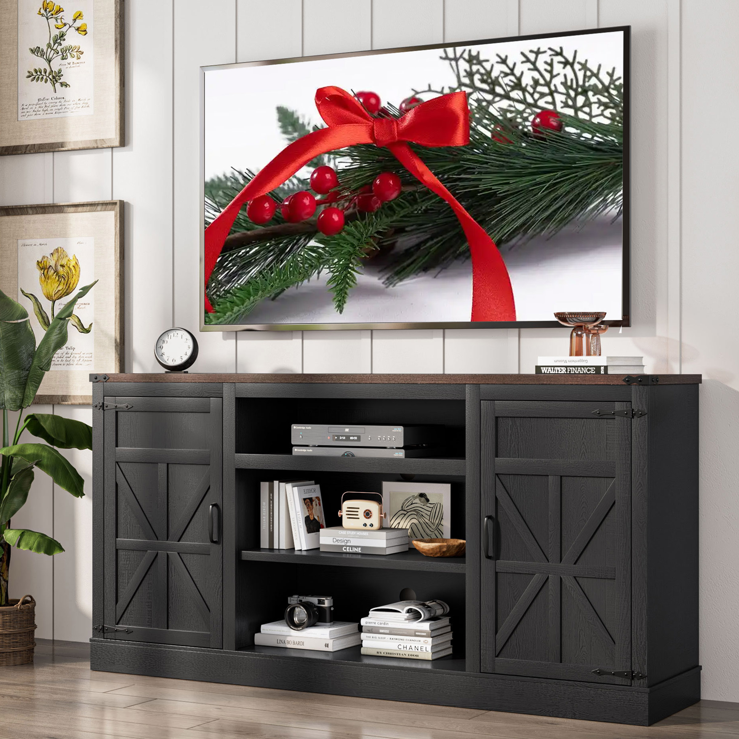 66" Farmhouse TV Stand for up 75" TVs with Charging Station, 33" Tall Entertainment Center Console Table with Adjustable Shelves/4 Layer Storage for Living Room