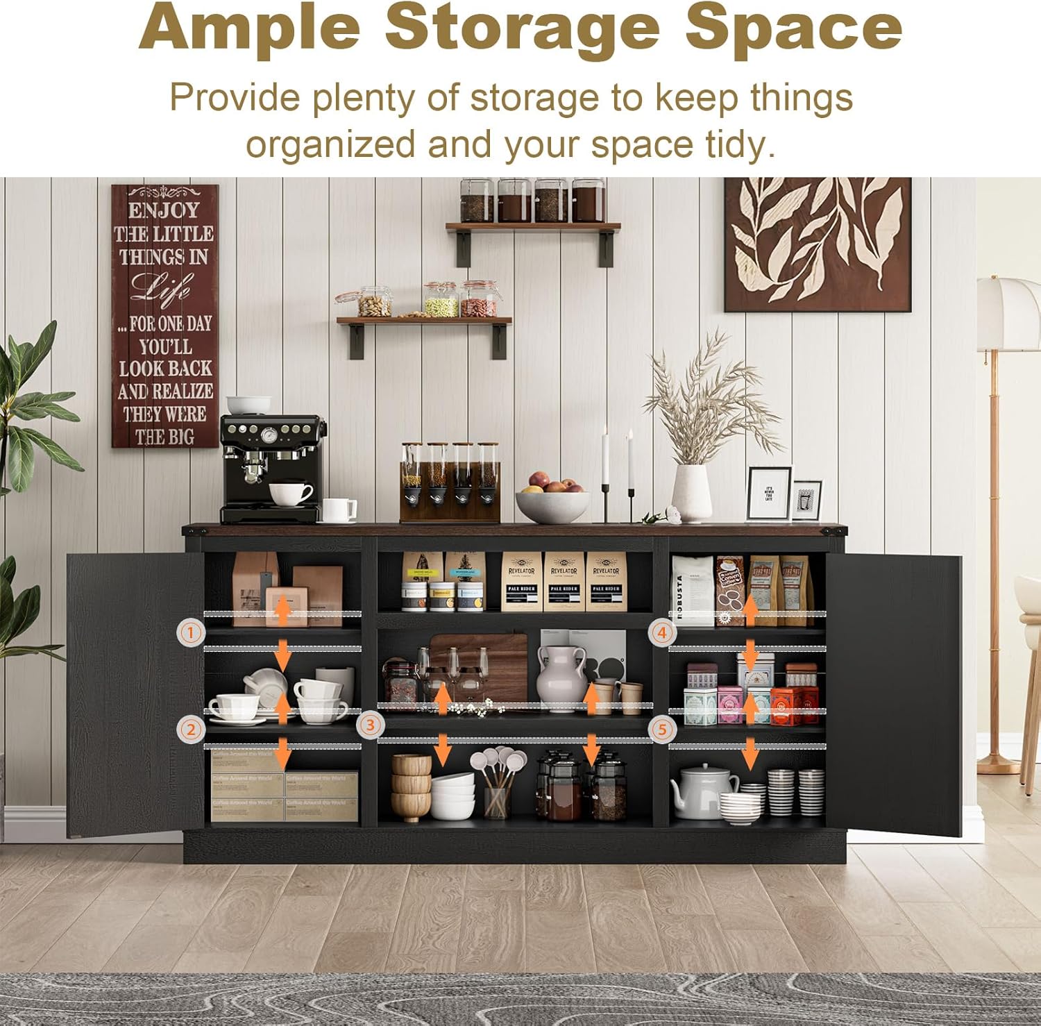 66" Farmhouse TV Stand for up 75" TVs with Charging Station, 33" Tall Entertainment Center Console Table with Adjustable Shelves/4 Layer Storage for Living Room