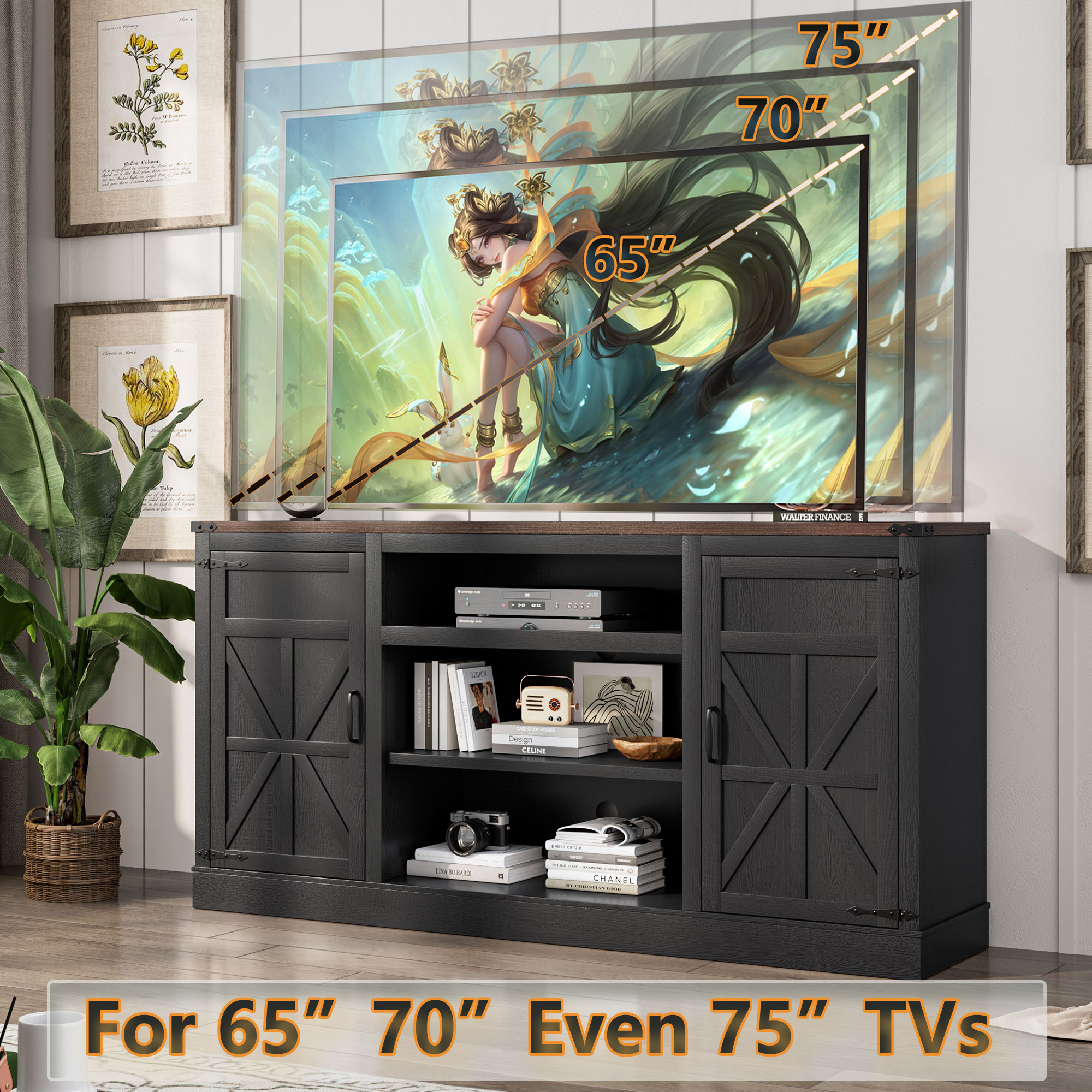 66" Farmhouse TV Stand for up 75" TVs with Charging Station, 33" Tall Entertainment Center Console Table with Adjustable Shelves/4 Layer Storage for Living Room