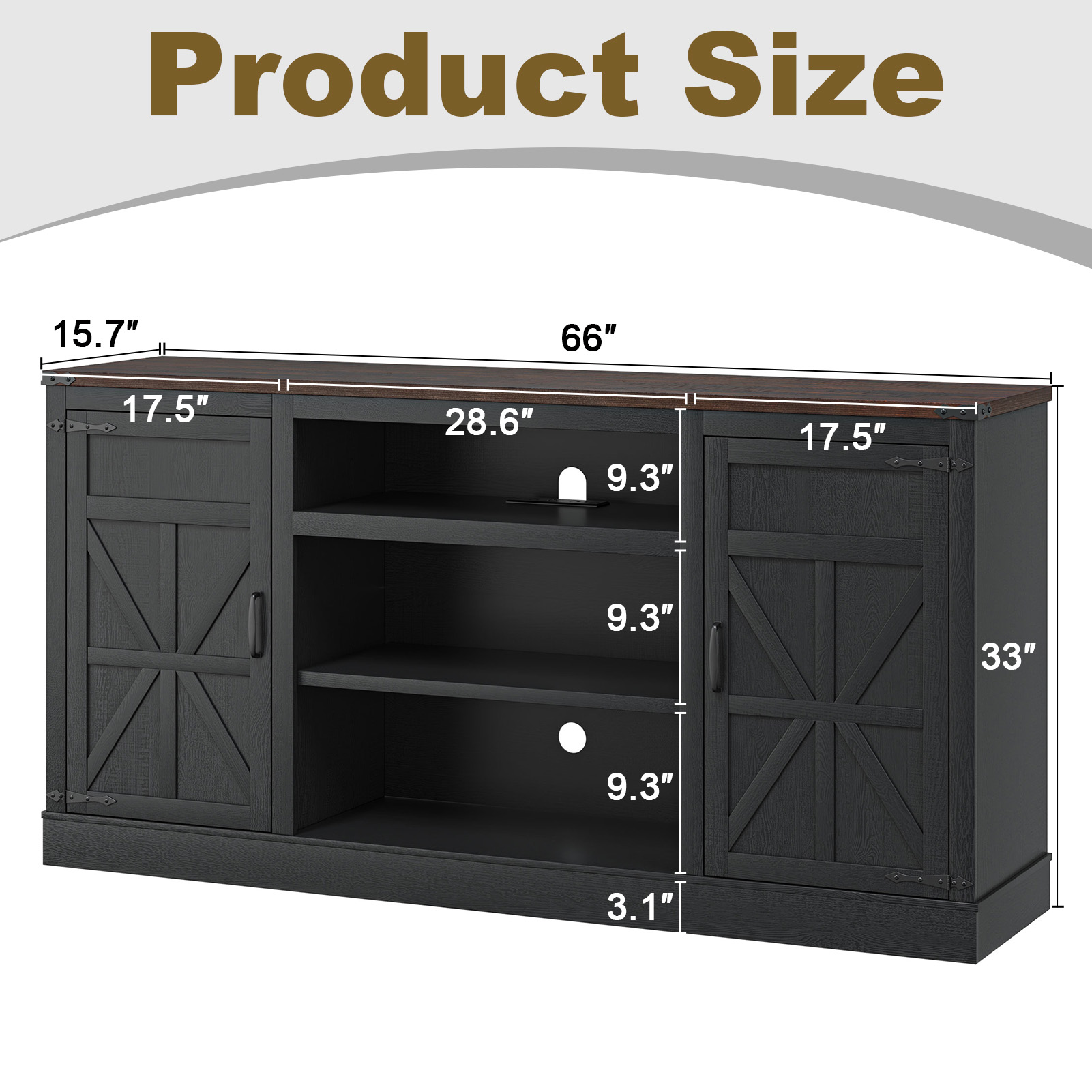 66" Farmhouse TV Stand for up 75" TVs with Charging Station, 33" Tall Entertainment Center Console Table with Adjustable Shelves/4 Layer Storage for Living Room