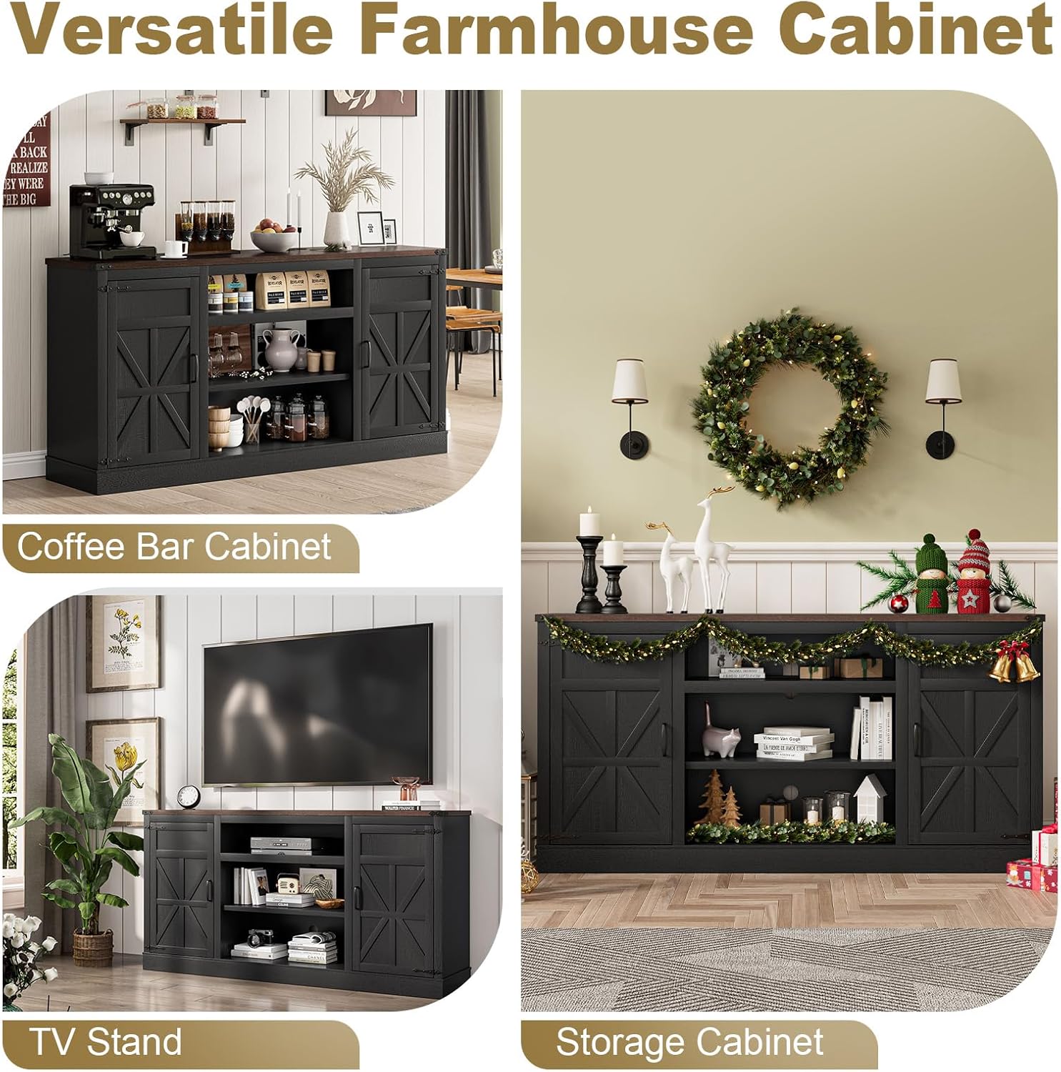 66" Farmhouse TV Stand for up 75" TVs with Charging Station, 33" Tall Entertainment Center Console Table with Adjustable Shelves/4 Layer Storage for Living Room