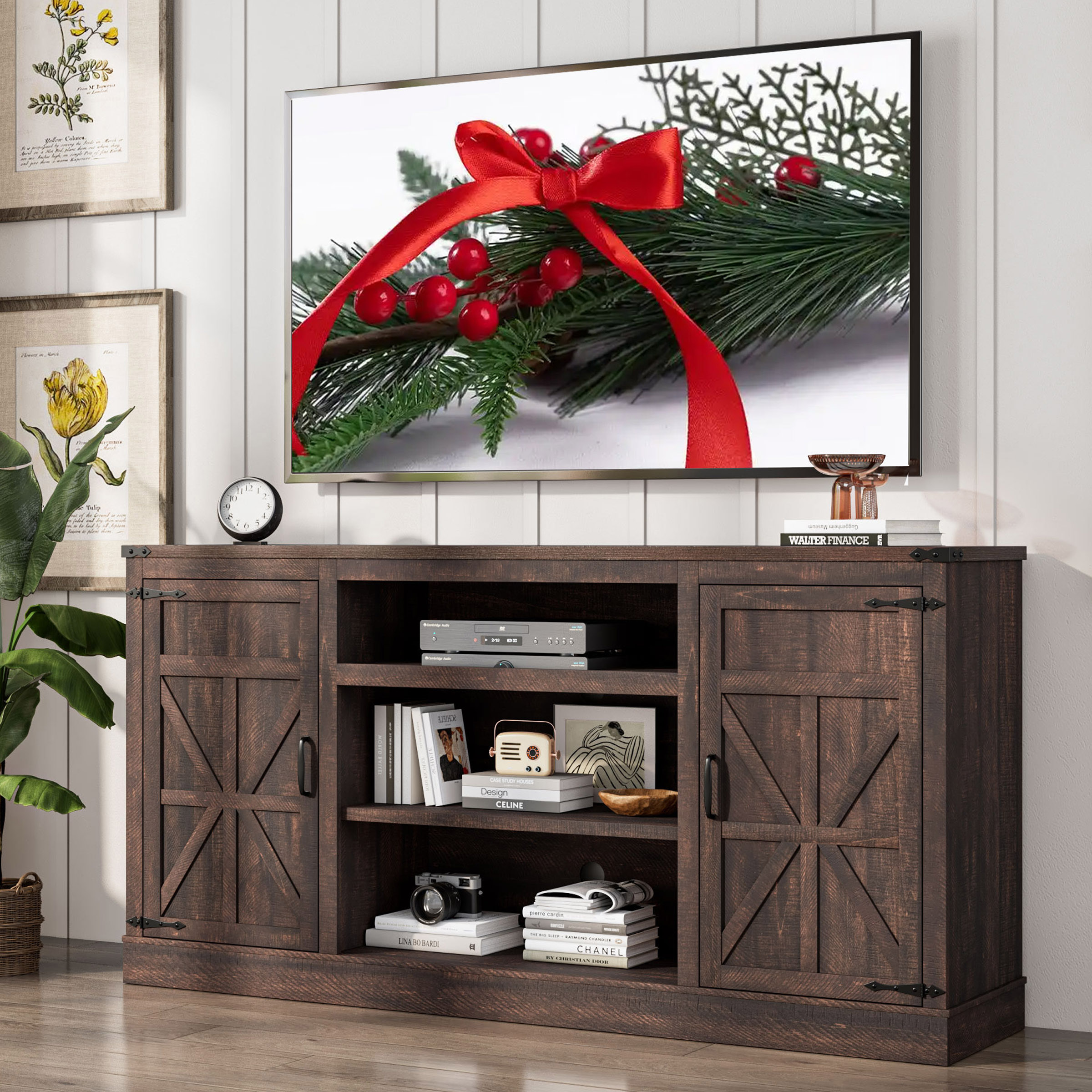 66" Farmhouse TV Stand for up 75" TVs with Charging Station, 33" Tall Entertainment Center Console Table with Adjustable Shelves/4 Layer Storage for Living Room