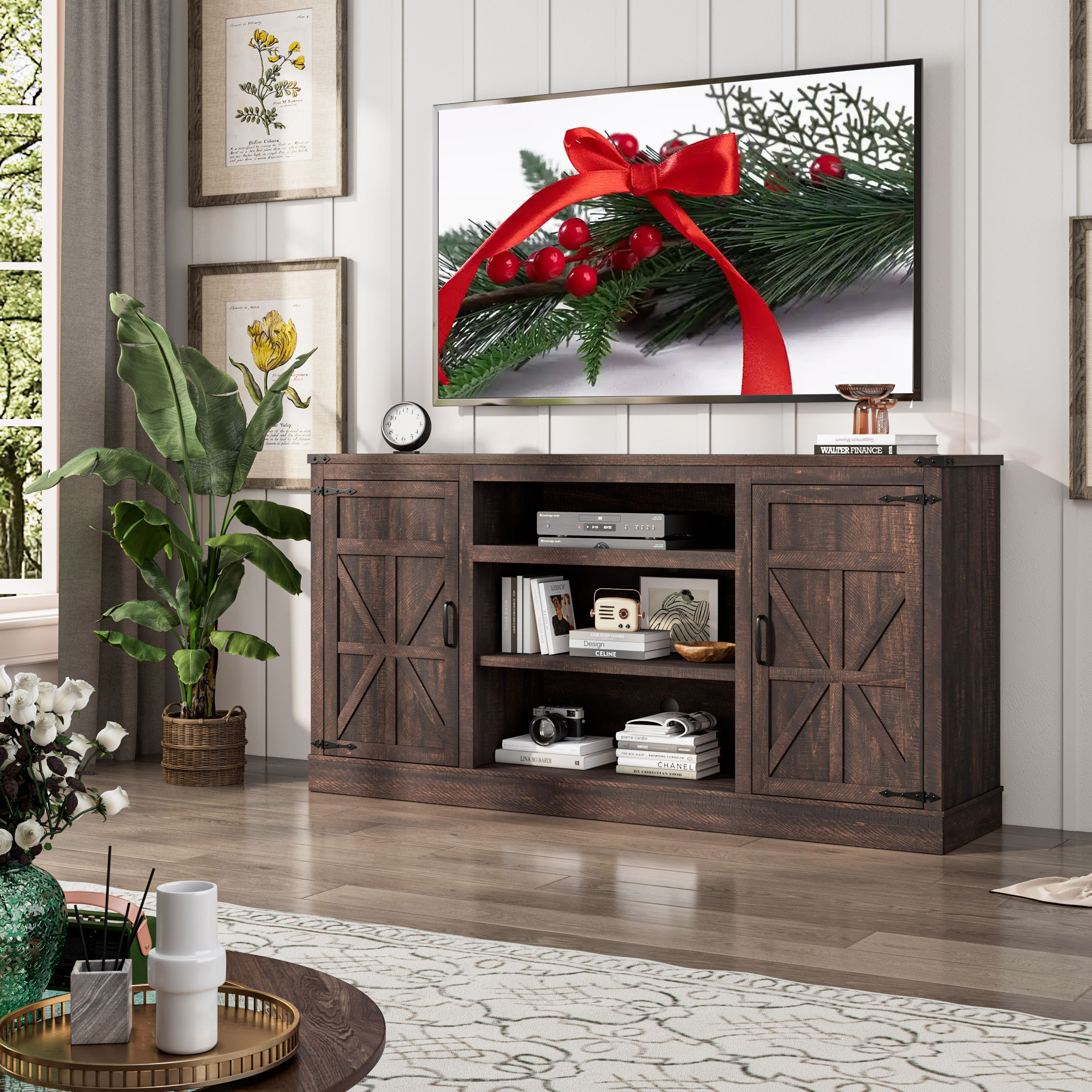 66" Farmhouse TV Stand for up 75" TVs with Charging Station, 33" Tall Entertainment Center Console Table with Adjustable Shelves/4 Layer Storage for Living Room