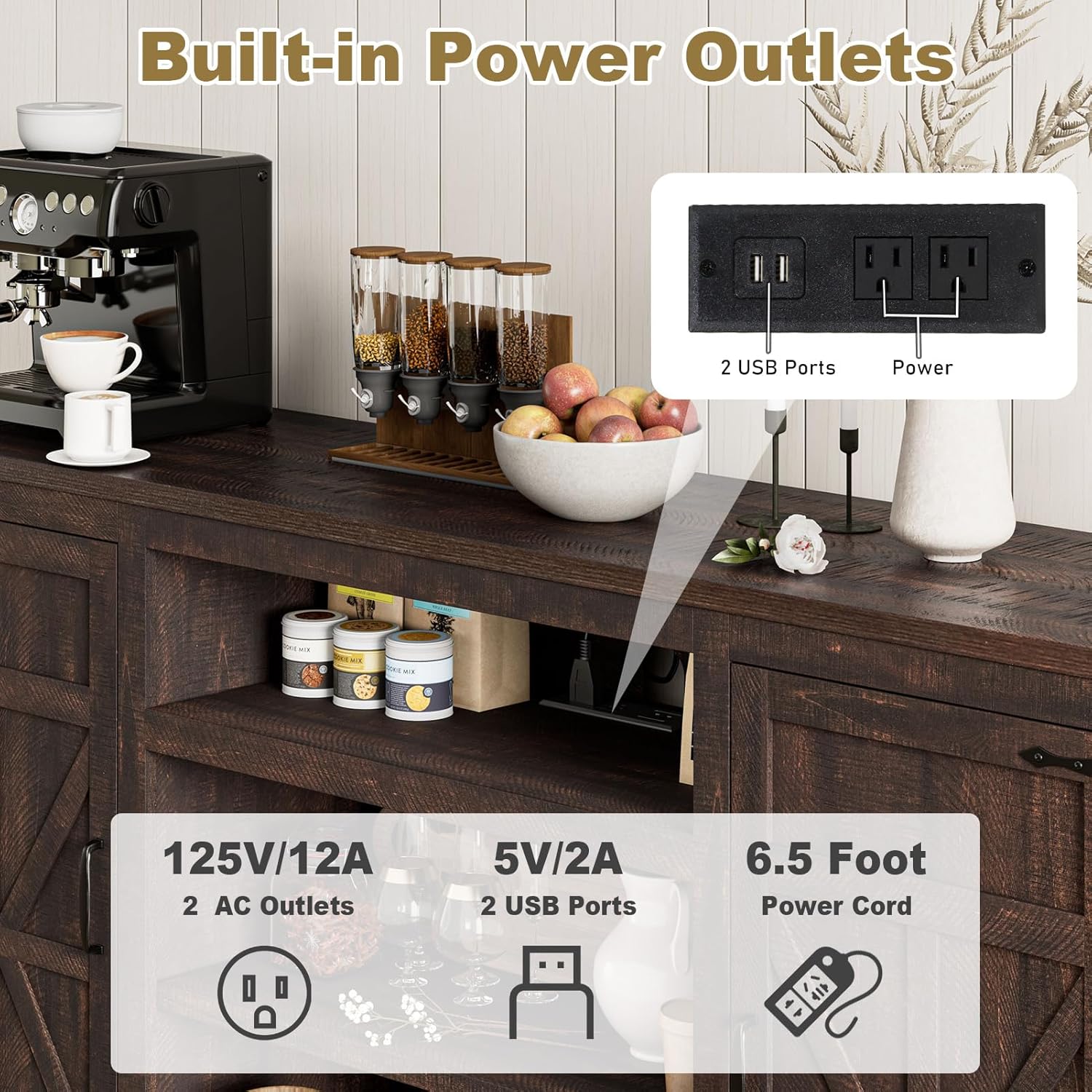 66" Farmhouse TV Stand for up 75" TVs with Charging Station, 33" Tall Entertainment Center Console Table with Adjustable Shelves/4 Layer Storage for Living Room