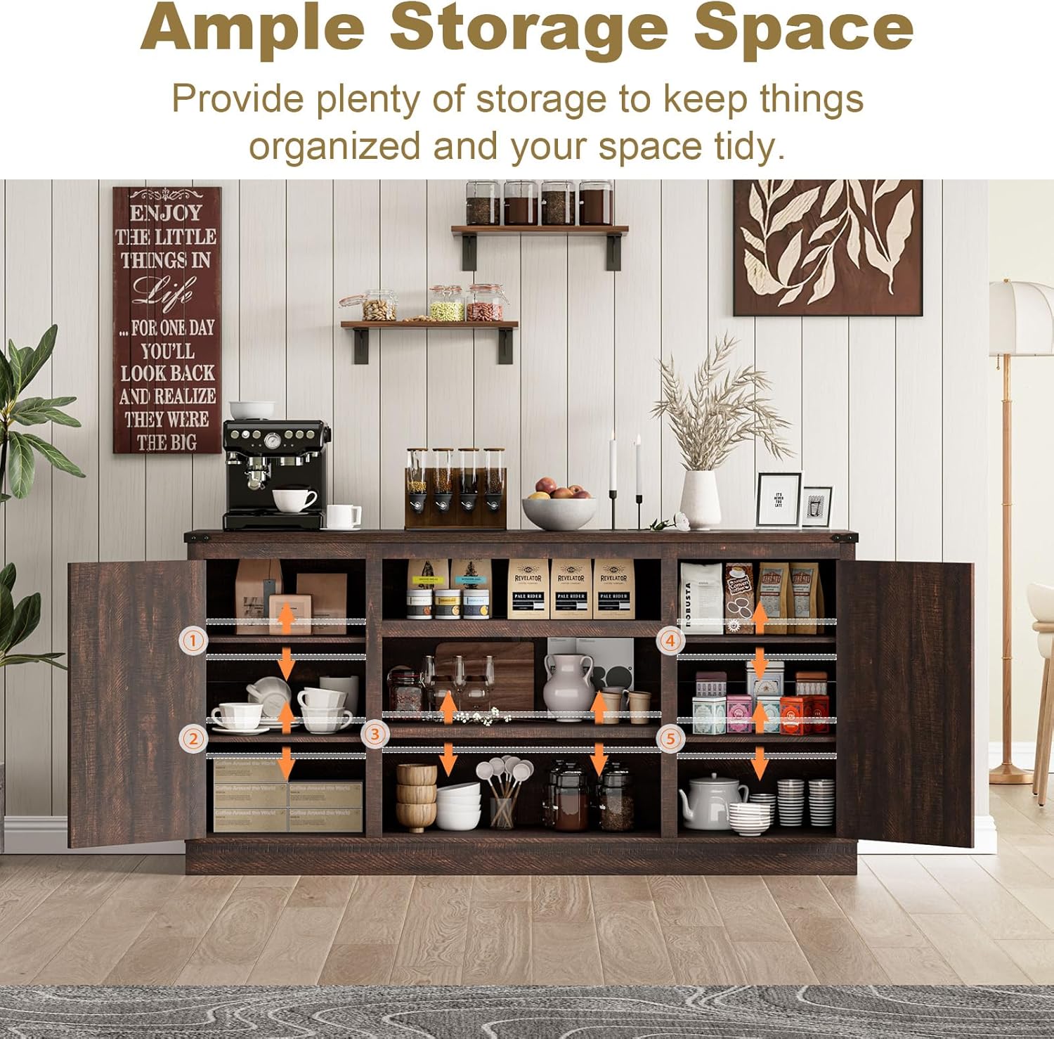 66" Farmhouse TV Stand for up 75" TVs with Charging Station, 33" Tall Entertainment Center Console Table with Adjustable Shelves/4 Layer Storage for Living Room