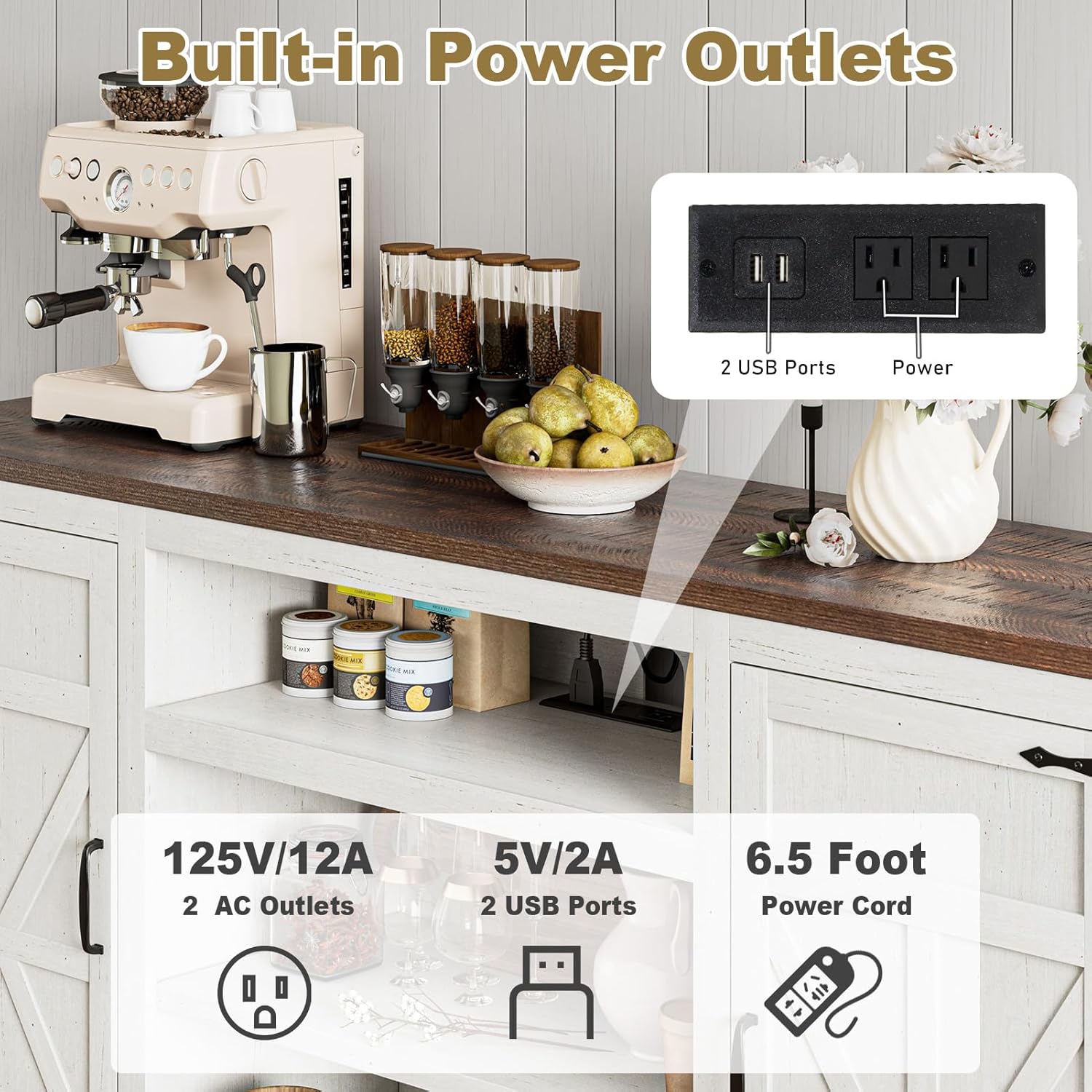 66" Farmhouse TV Stand for up 75" TVs with Charging Station, 33" Tall Entertainment Center Console Table with Adjustable Shelves/4 Layer Storage for Living Room