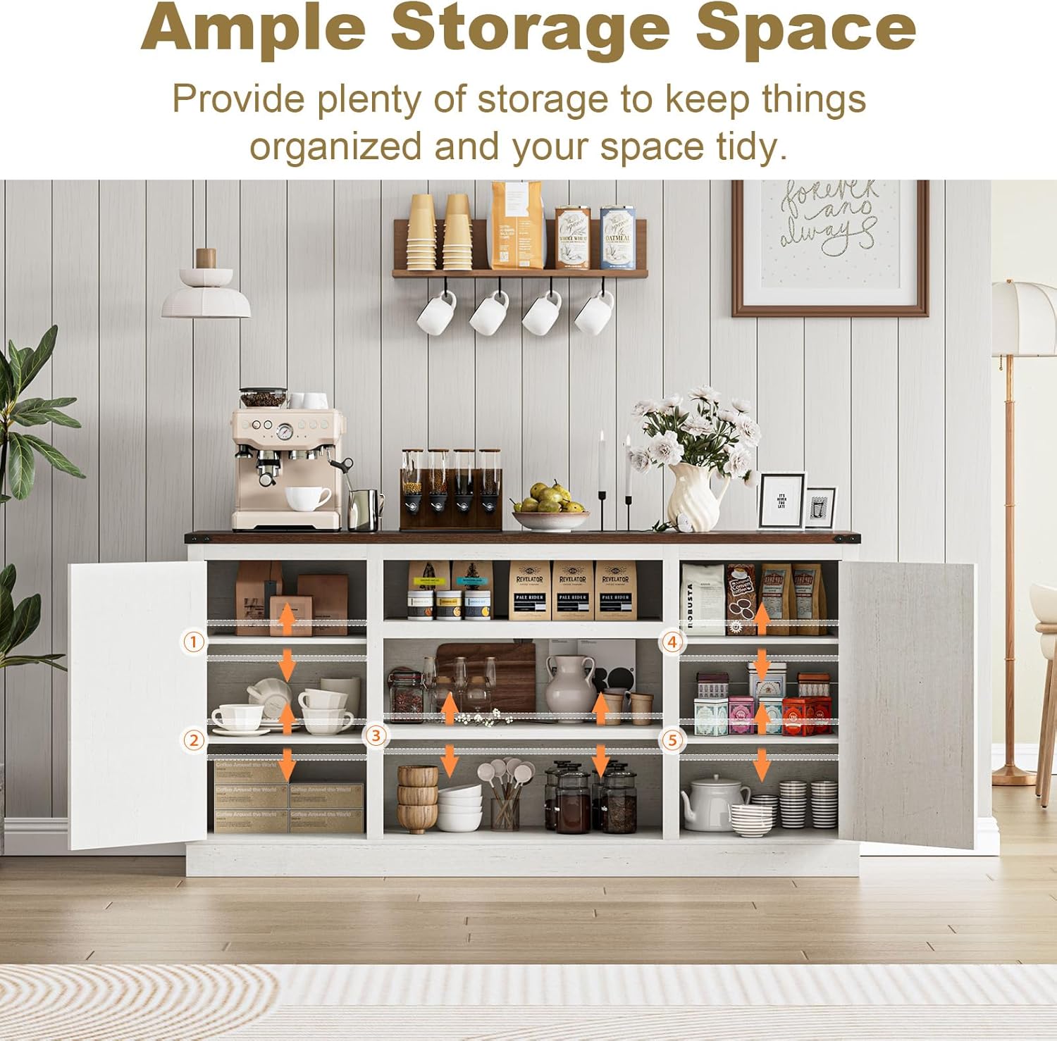 66" Farmhouse TV Stand for up 75" TVs with Charging Station, 33" Tall Entertainment Center Console Table with Adjustable Shelves/4 Layer Storage for Living Room