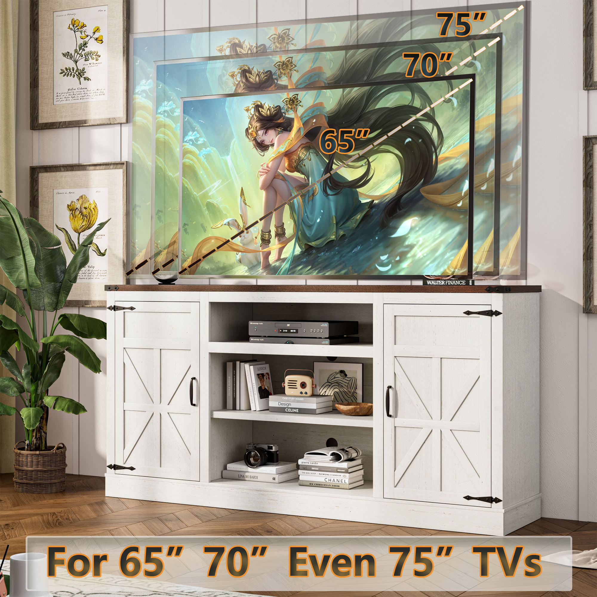 66" Farmhouse TV Stand for up 75" TVs with Charging Station, 33" Tall Entertainment Center Console Table with Adjustable Shelves/4 Layer Storage for Living Room