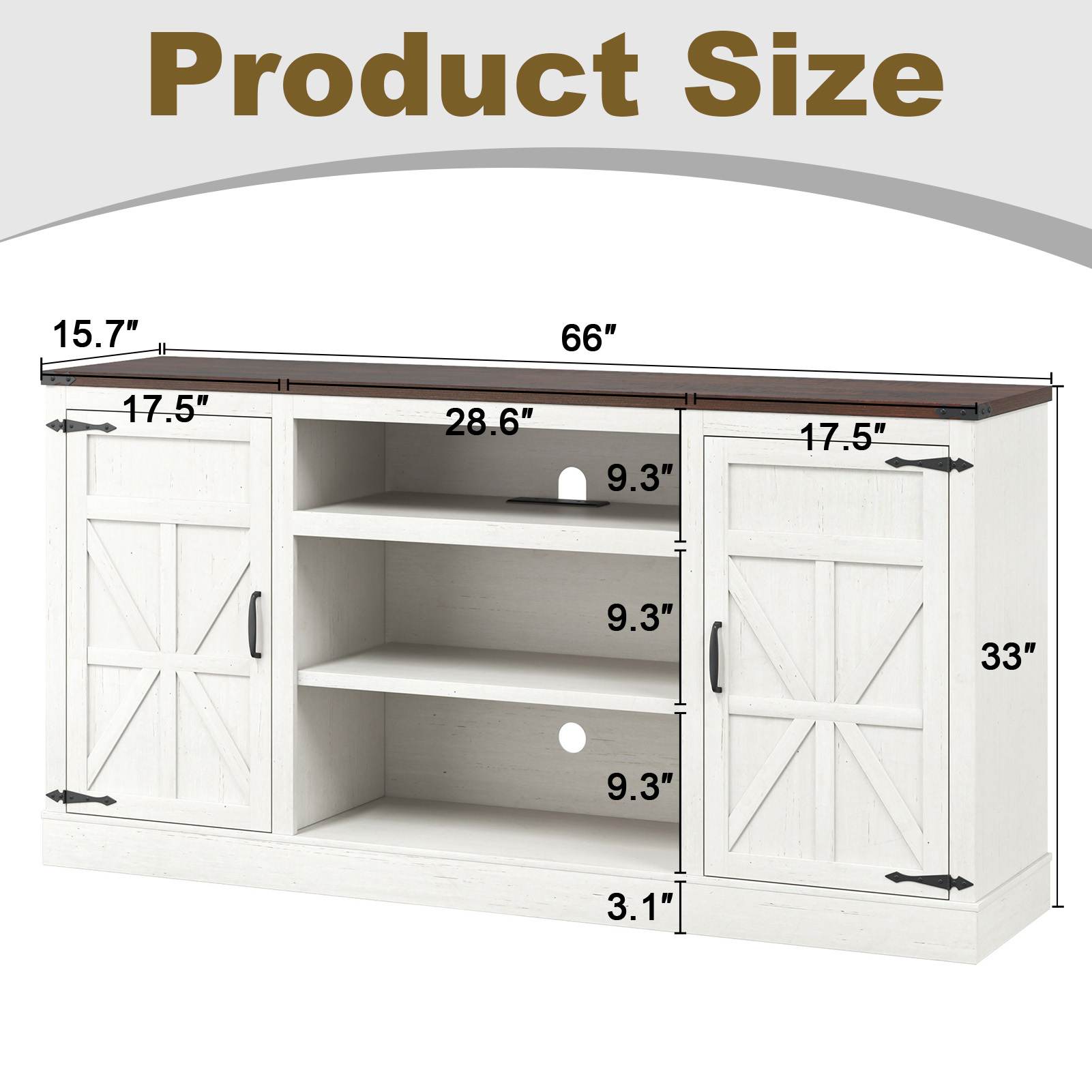 66" Farmhouse TV Stand for up 75" TVs with Charging Station, 33" Tall Entertainment Center Console Table with Adjustable Shelves/4 Layer Storage for Living Room