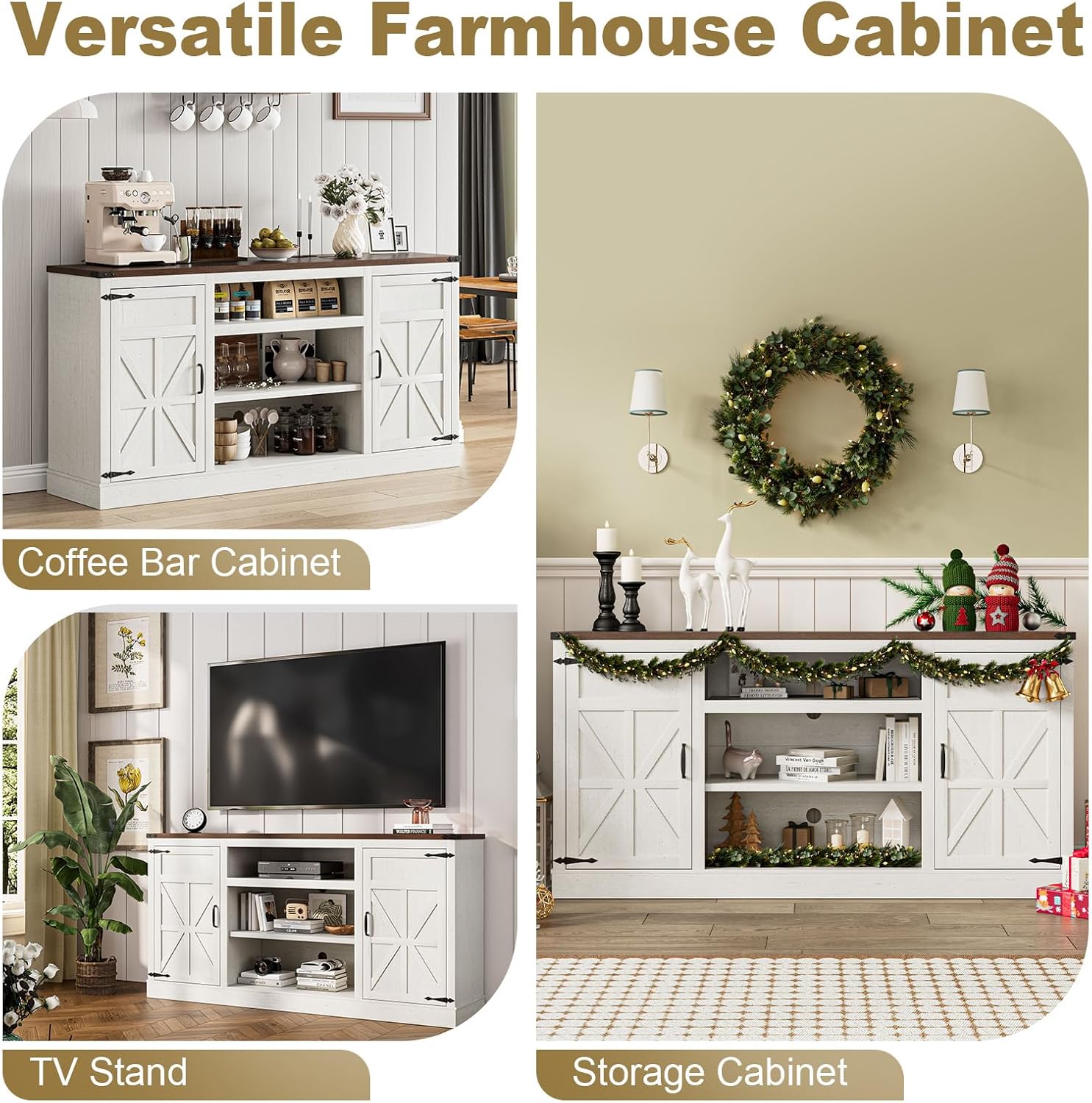 66" Farmhouse TV Stand for up 75" TVs with Charging Station, 33" Tall Entertainment Center Console Table with Adjustable Shelves/4 Layer Storage for Living Room