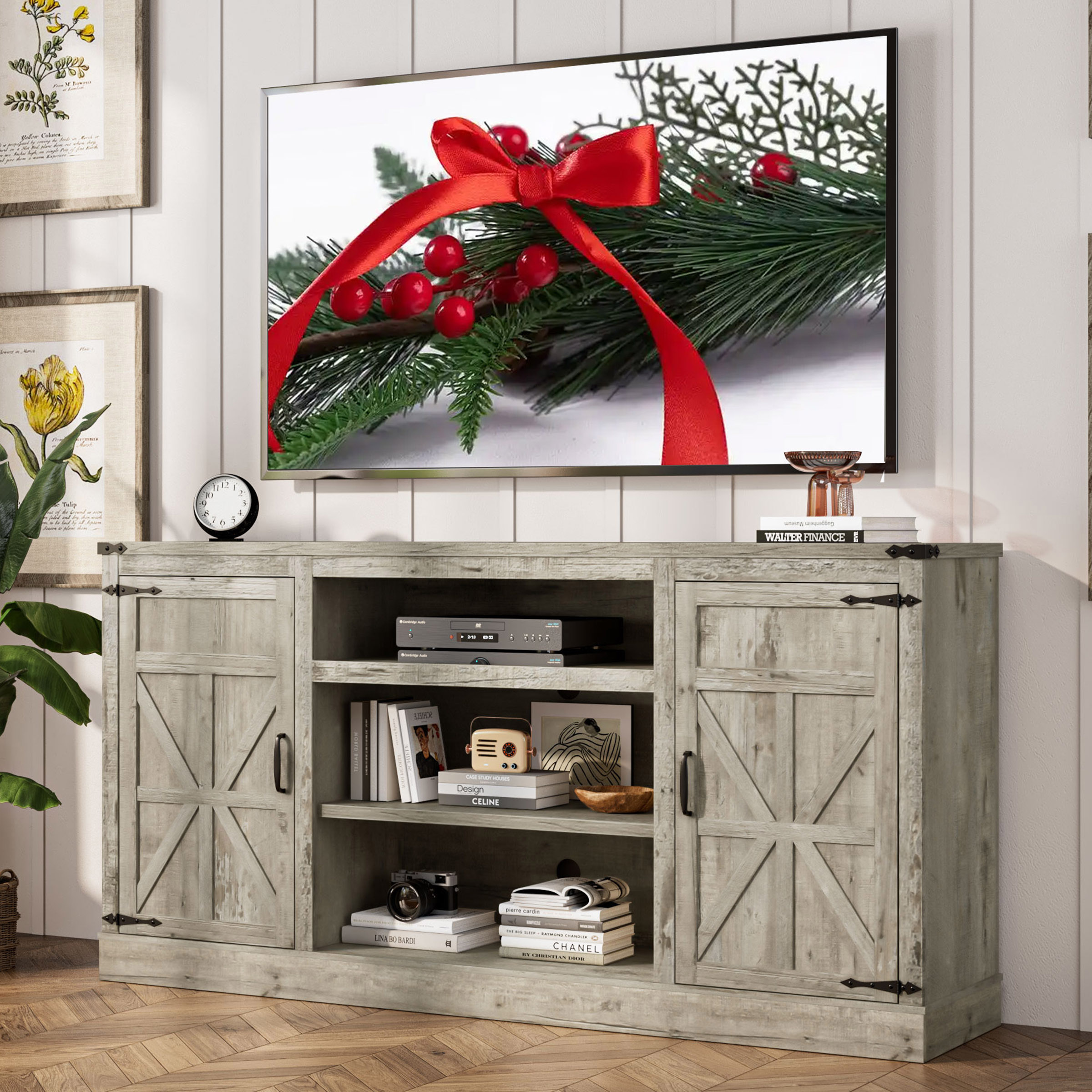 66" Farmhouse TV Stand for up 75" TVs with Charging Station, 33" Tall Entertainment Center Console Table with Adjustable Shelves/4 Layer Storage for Living Room