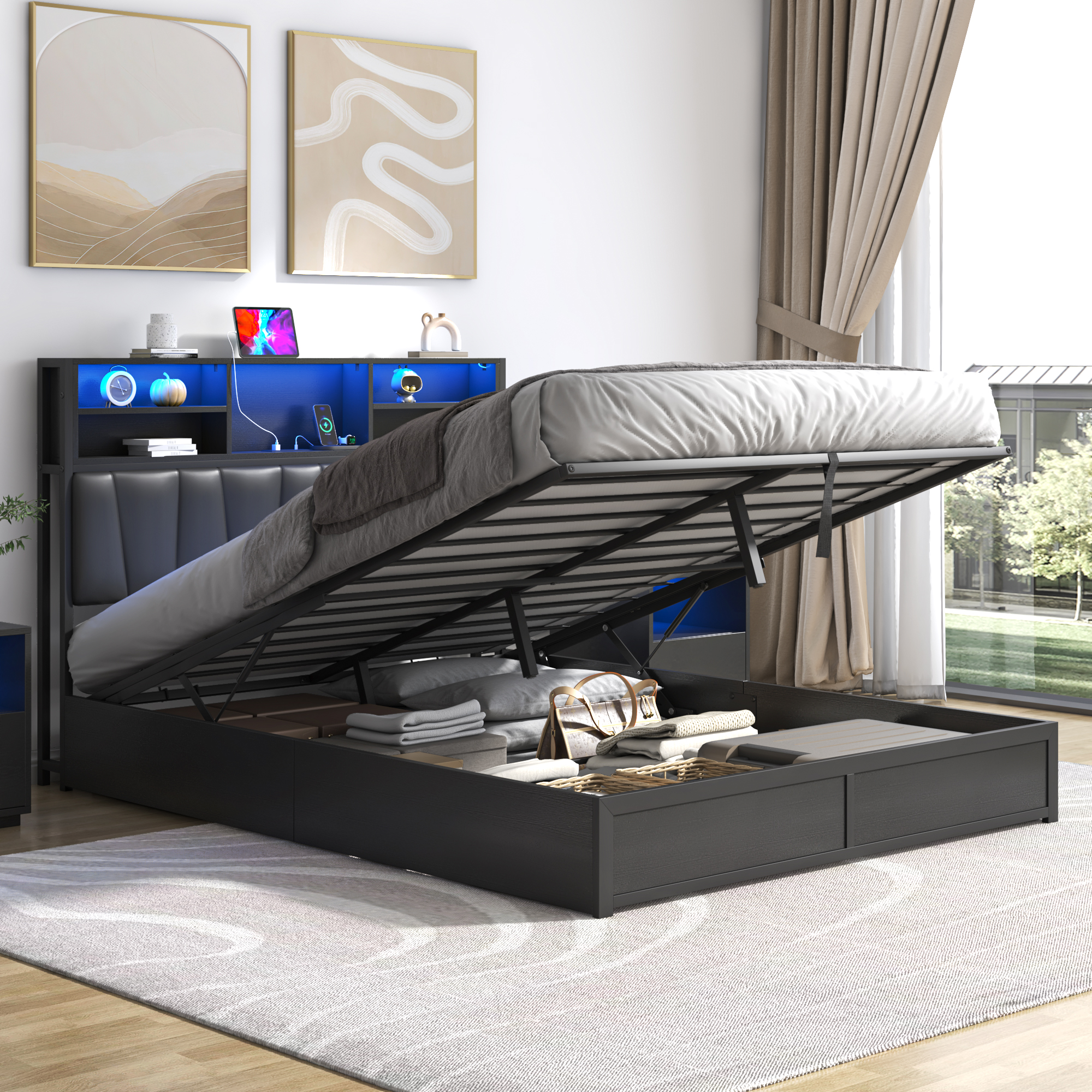 Queen LED Bed Frame with Lift Up Storage & Power Outlets - Metal Platform Bed with Upholstered Headboard, Storage Bed with 3-Tier Storage Headboard