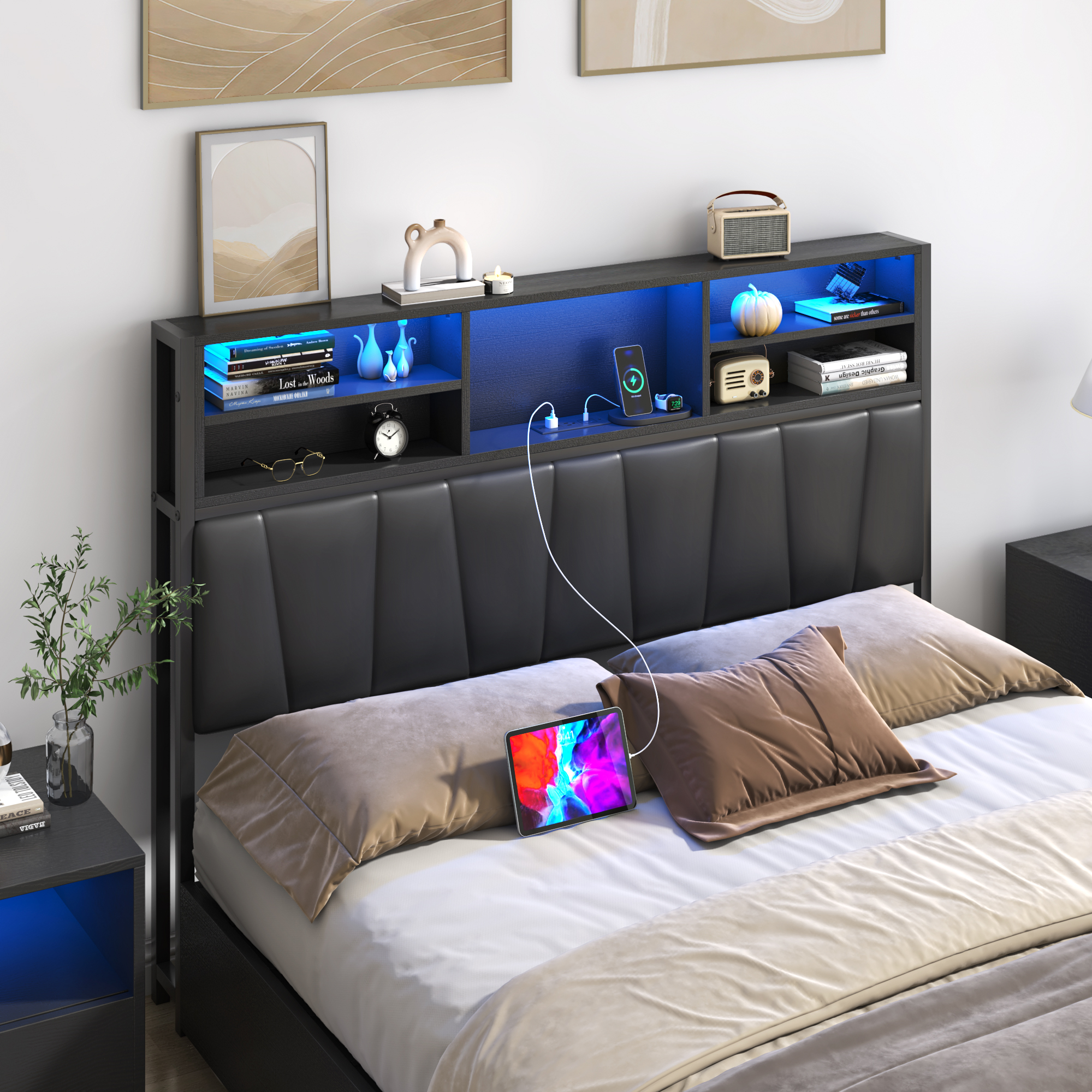 Queen LED Bed Frame with Lift Up Storage & Power Outlets - Metal Platform Bed with Upholstered Headboard, Storage Bed with 3-Tier Storage Headboard