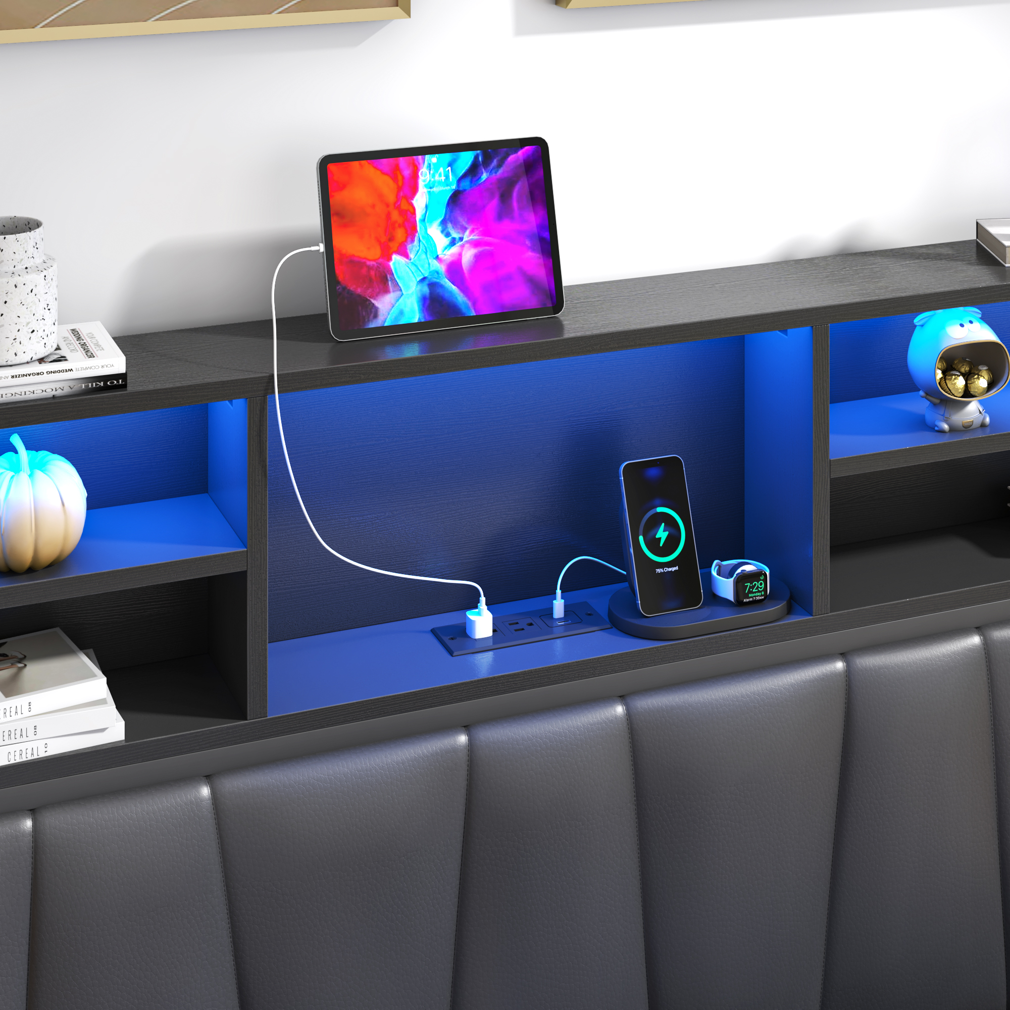 Queen LED Bed Frame with Lift Up Storage & Power Outlets - Metal Platform Bed with Upholstered Headboard, Storage Bed with 3-Tier Storage Headboard