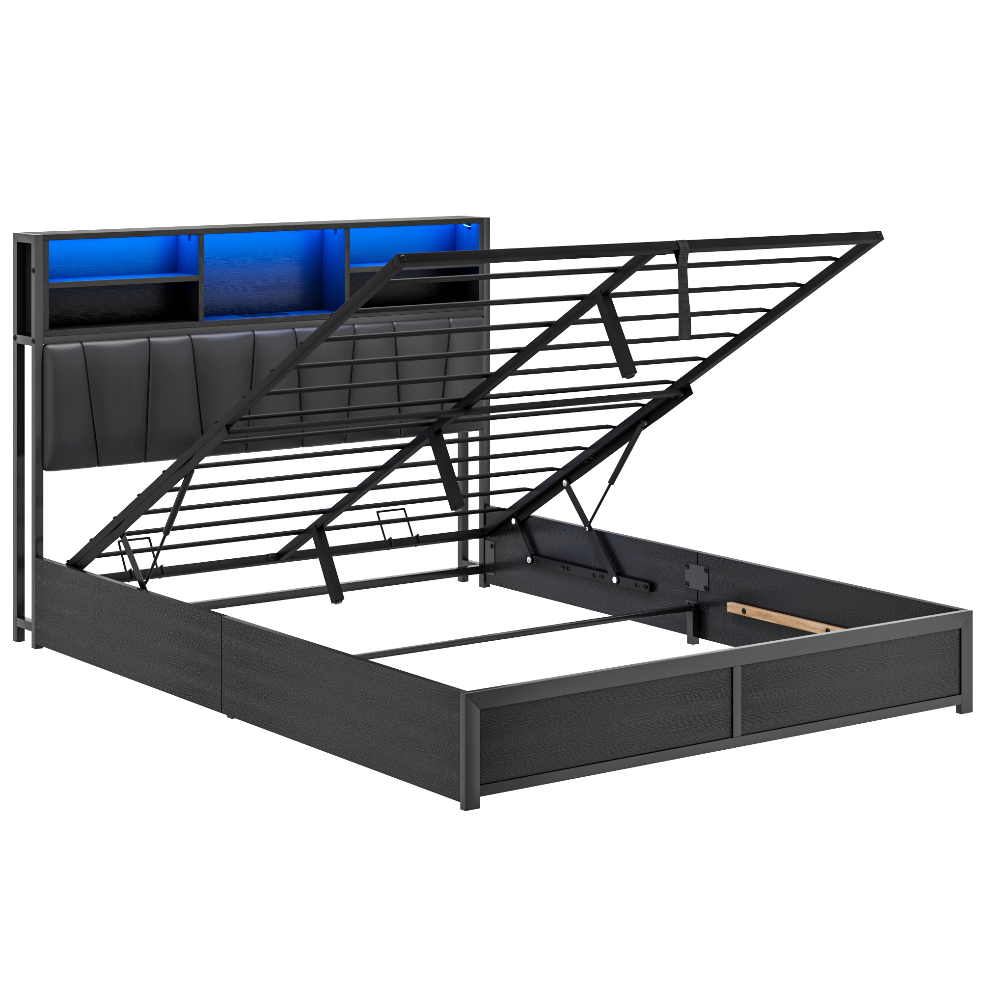 Queen LED Bed Frame with Lift Up Storage & Power Outlets - Metal Platform Bed with Upholstered Headboard, Storage Bed with 3-Tier Storage Headboard