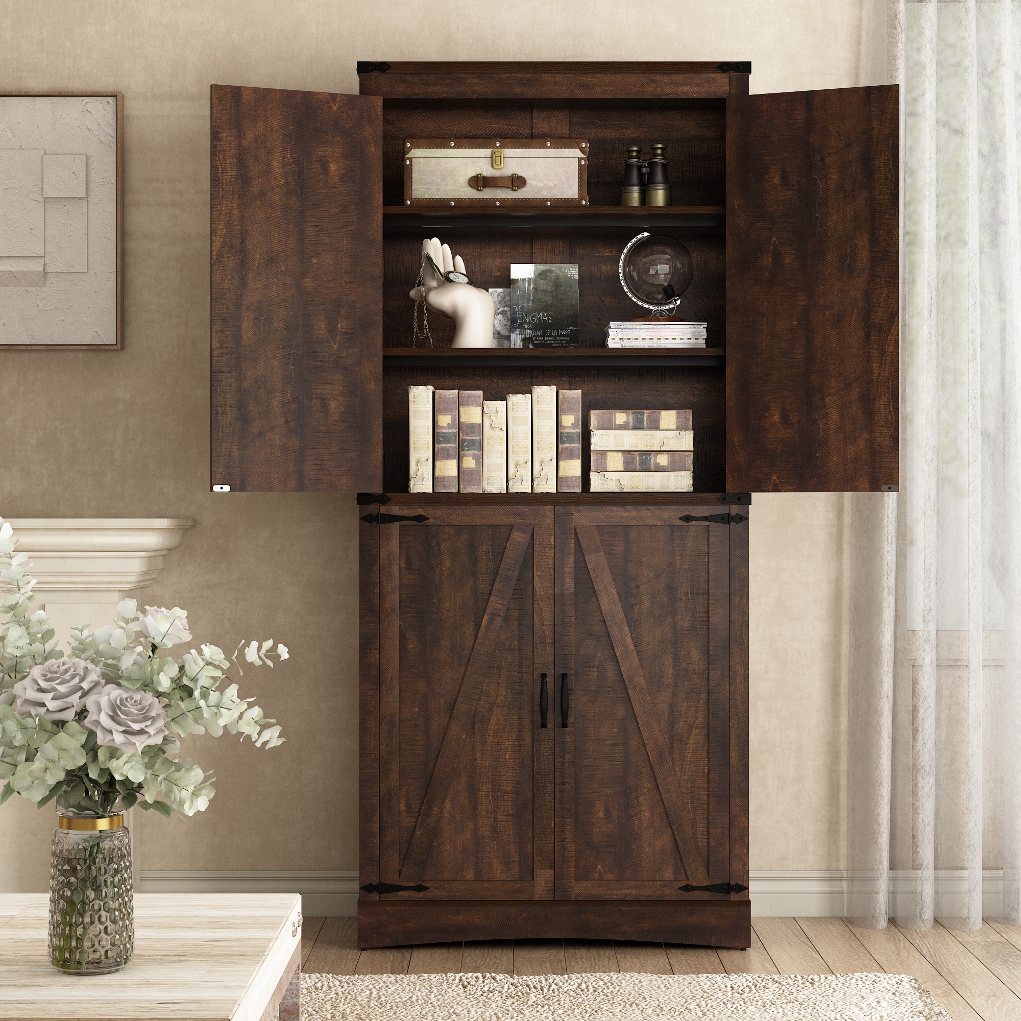 71" Tall Farmhouse Kitchen Pantry Cabinet, 5 Layers Storage Cabinet with Adjustable Shelves, Farmhouse Pantry Cabinet with 4 Barn Doors for Kitchen, Dining Room, Bathroom, Living Room, Rustic White