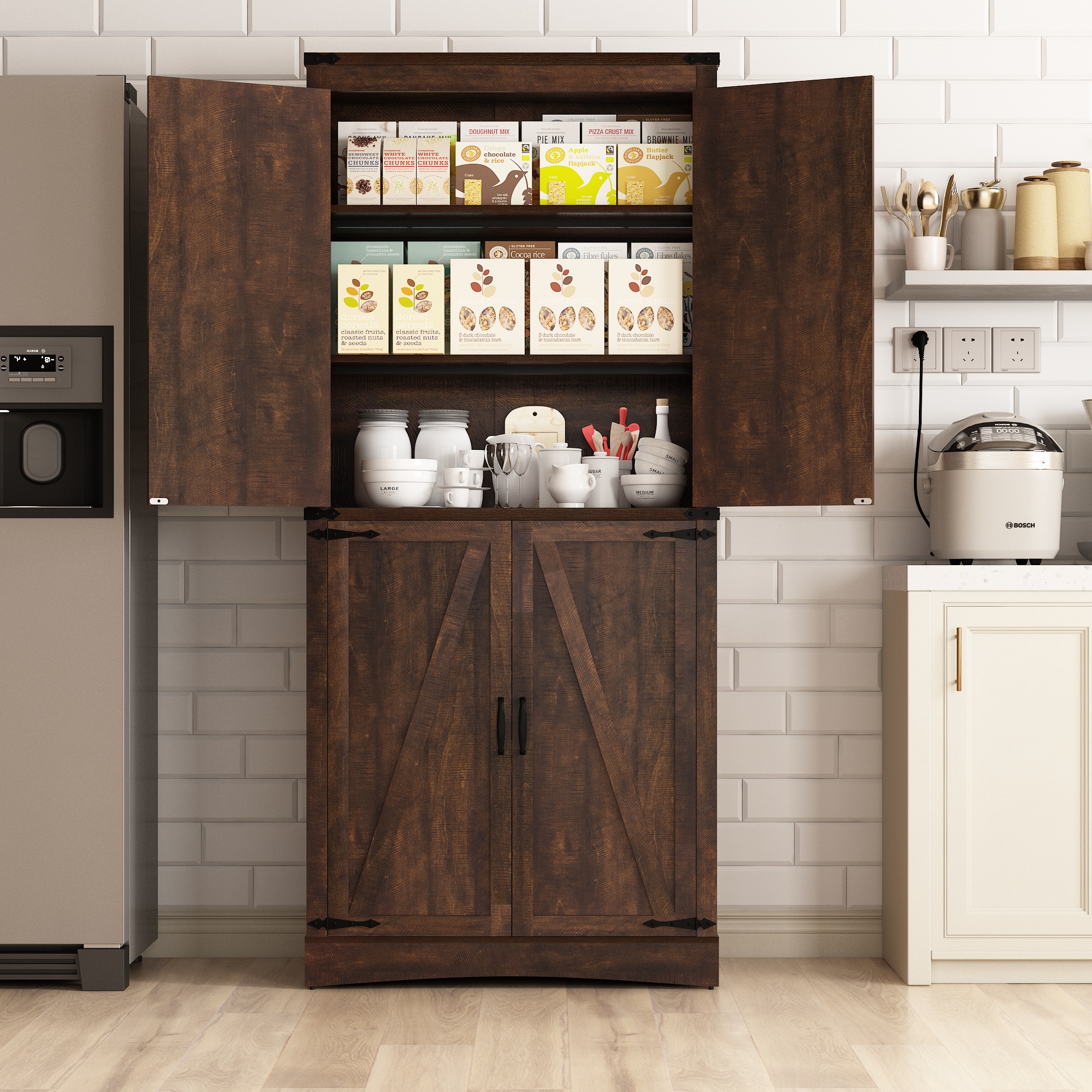 71" Tall Farmhouse Kitchen Pantry Cabinet, 5 Layers Storage Cabinet with Adjustable Shelves, Farmhouse Pantry Cabinet with 4 Barn Doors for Kitchen, Dining Room, Bathroom, Living Room, Rustic White