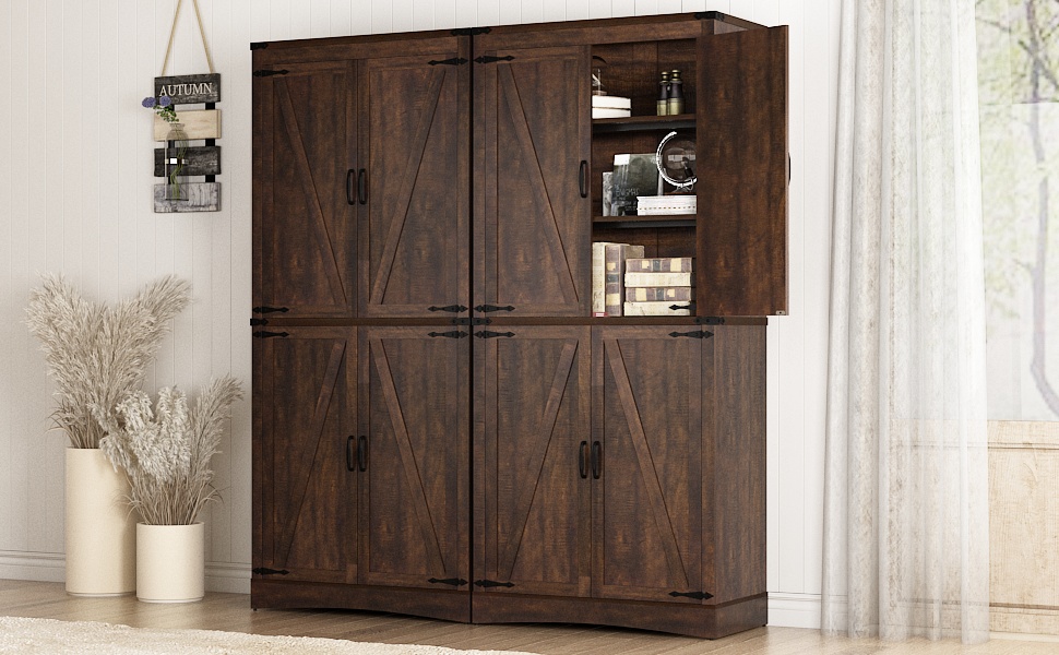 71" Tall Farmhouse Kitchen Pantry Cabinet, 5 Layers Storage Cabinet with Adjustable Shelves, Farmhouse Pantry Cabinet with 4 Barn Doors for Kitchen, Dining Room, Bathroom, Living Room, Rustic White