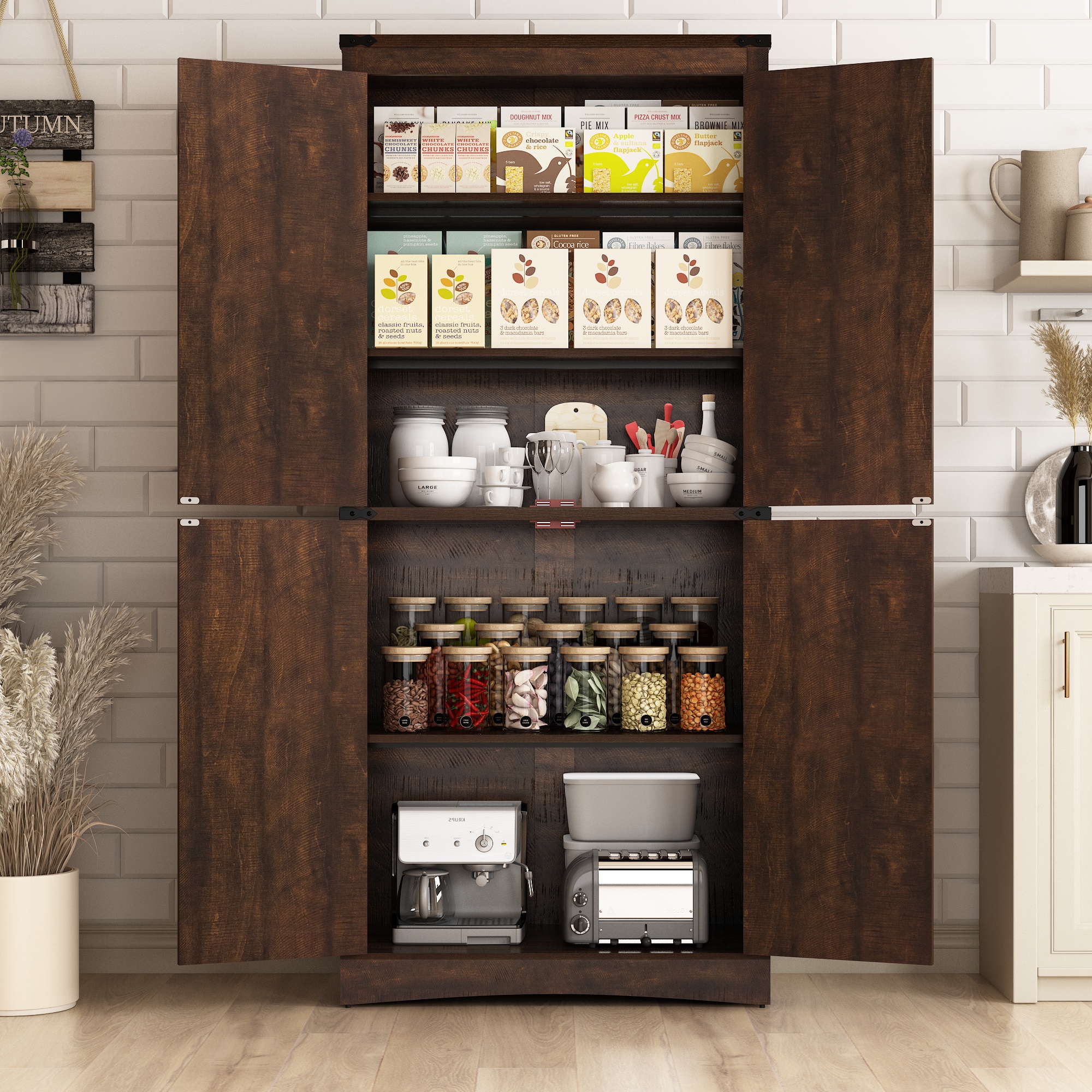 71" Tall Farmhouse Kitchen Pantry Cabinet, 5 Layers Storage Cabinet with Adjustable Shelves, Farmhouse Pantry Cabinet with 4 Barn Doors for Kitchen, Dining Room, Bathroom, Living Room, Rustic White