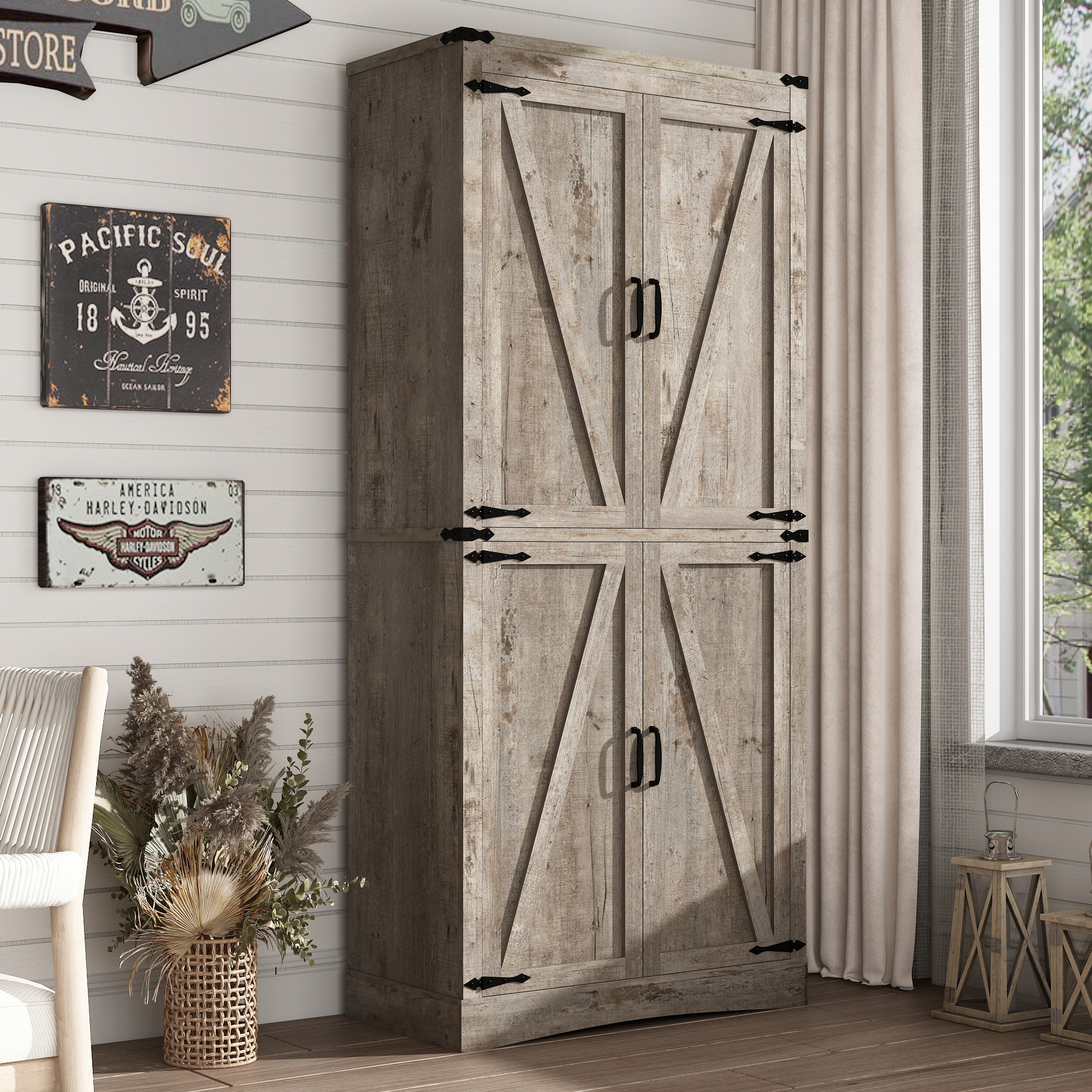 71" Tall Farmhouse Kitchen Pantry Cabinet, 5 Layers Storage Cabinet with Adjustable Shelves, Farmhouse Pantry Cabinet with 4 Barn Doors for Kitchen, Dining Room, Bathroom, Living Room, Rustic White
