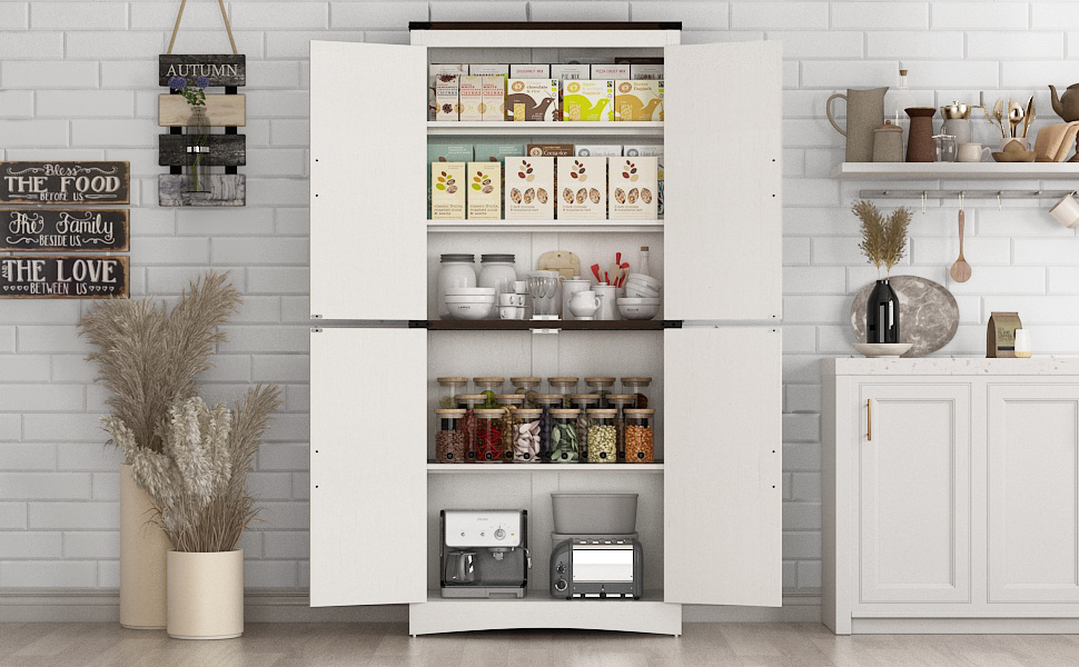 71" Tall Farmhouse Kitchen Pantry Cabinet, 5 Layers Storage Cabinet with Adjustable Shelves, Farmhouse Pantry Cabinet with 4 Barn Doors for Kitchen, Dining Room, Bathroom, Living Room, Rustic White