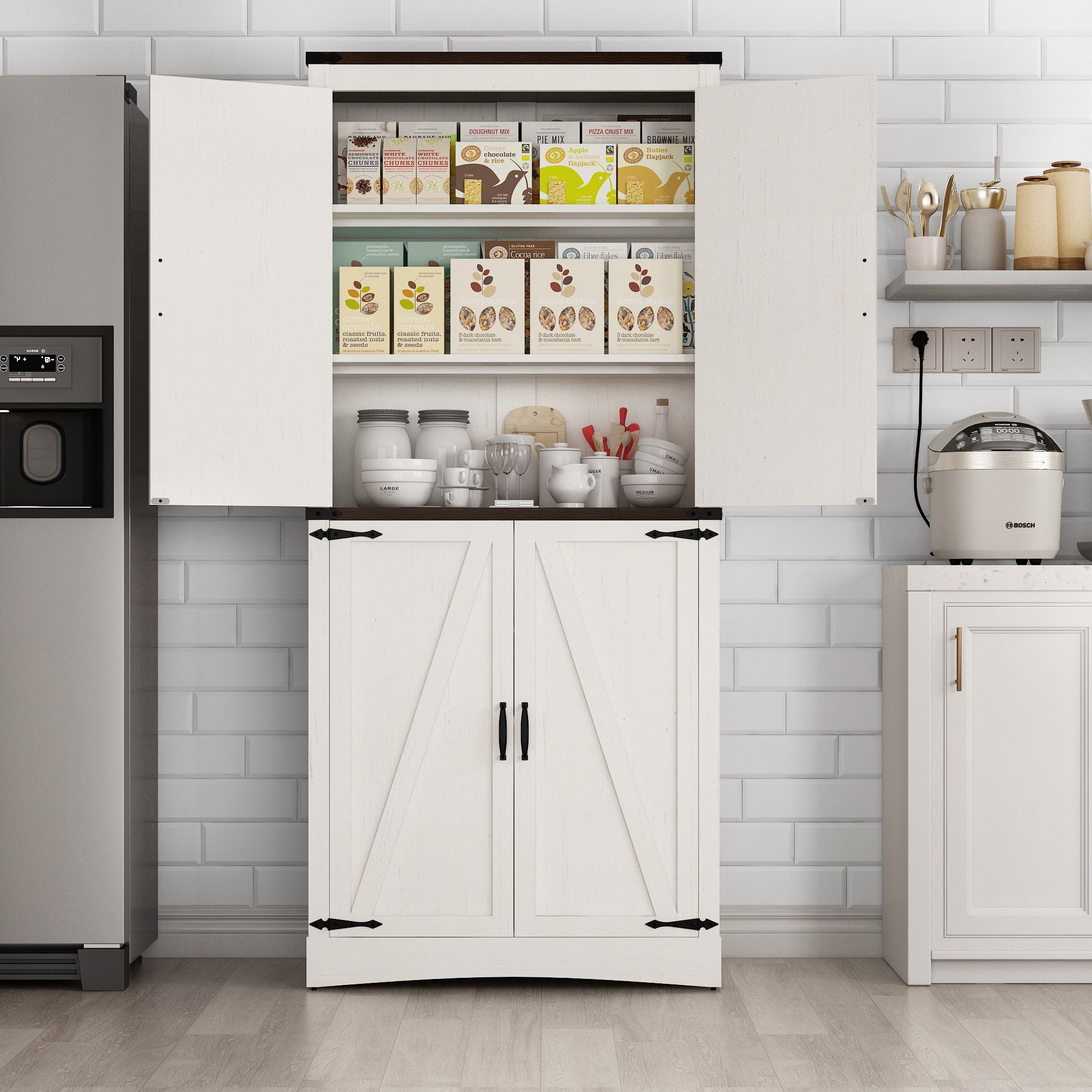 71" Tall Farmhouse Kitchen Pantry Cabinet, 5 Layers Storage Cabinet with Adjustable Shelves, Farmhouse Pantry Cabinet with 4 Barn Doors for Kitchen, Dining Room, Bathroom, Living Room, Rustic White