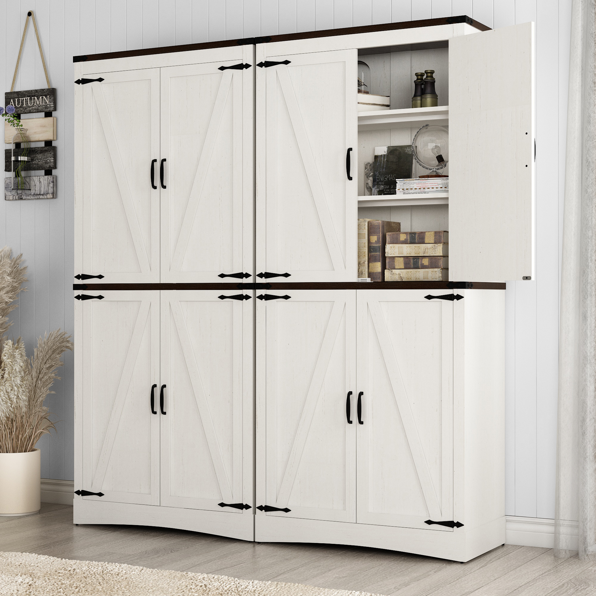 71" Tall Farmhouse Kitchen Pantry Cabinet, 5 Layers Storage Cabinet with Adjustable Shelves, Farmhouse Pantry Cabinet with 4 Barn Doors for Kitchen, Dining Room, Bathroom, Living Room, Rustic White