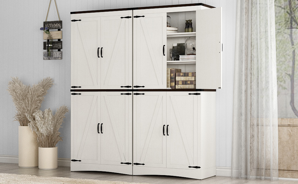 71" Tall Farmhouse Kitchen Pantry Cabinet, 5 Layers Storage Cabinet with Adjustable Shelves, Farmhouse Pantry Cabinet with 4 Barn Doors for Kitchen, Dining Room, Bathroom, Living Room, Rustic White