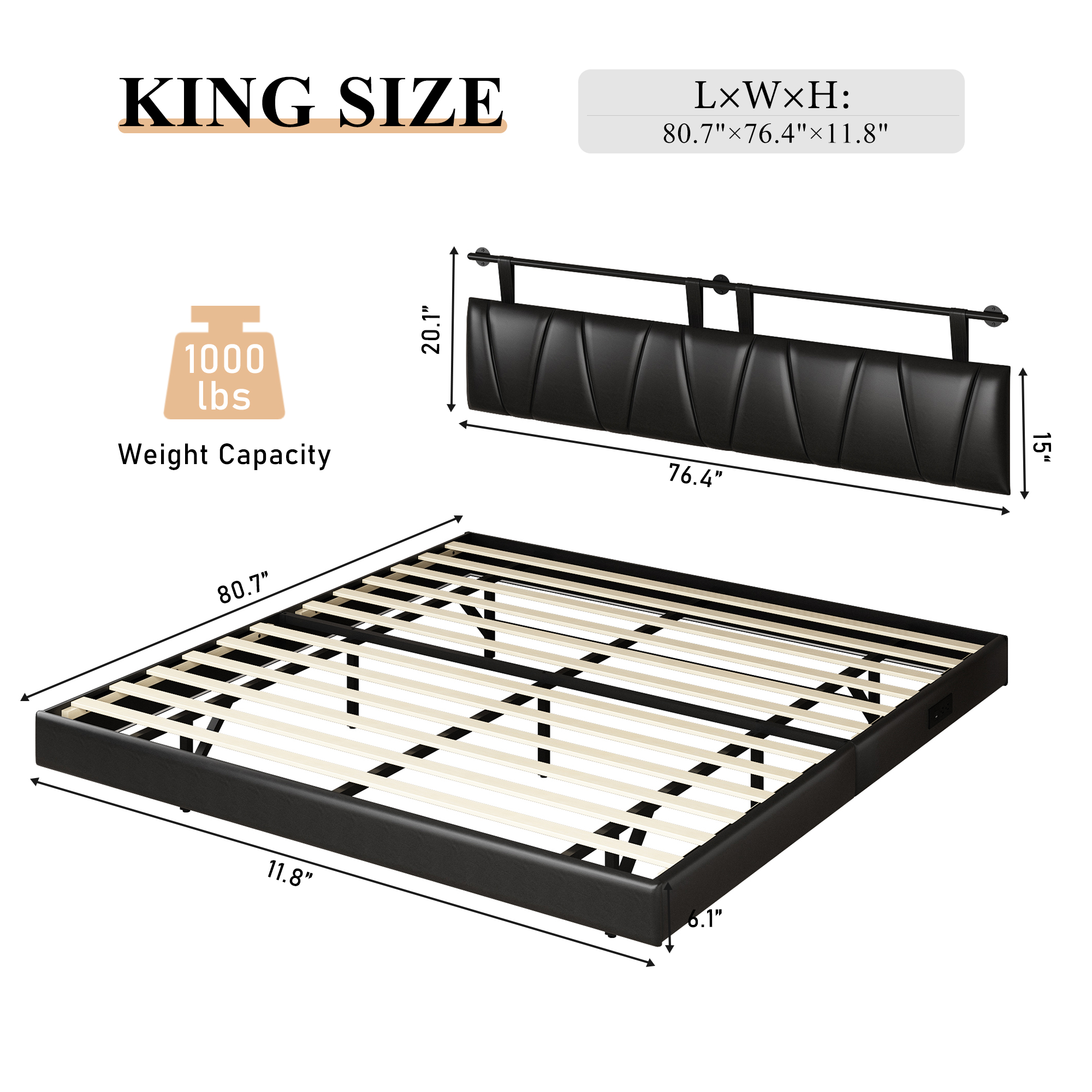 Queen Size Floating Bed Frame with LED Light & Side Charging Station, Storage Platform Bed with Adjustable Upholstered Headboard