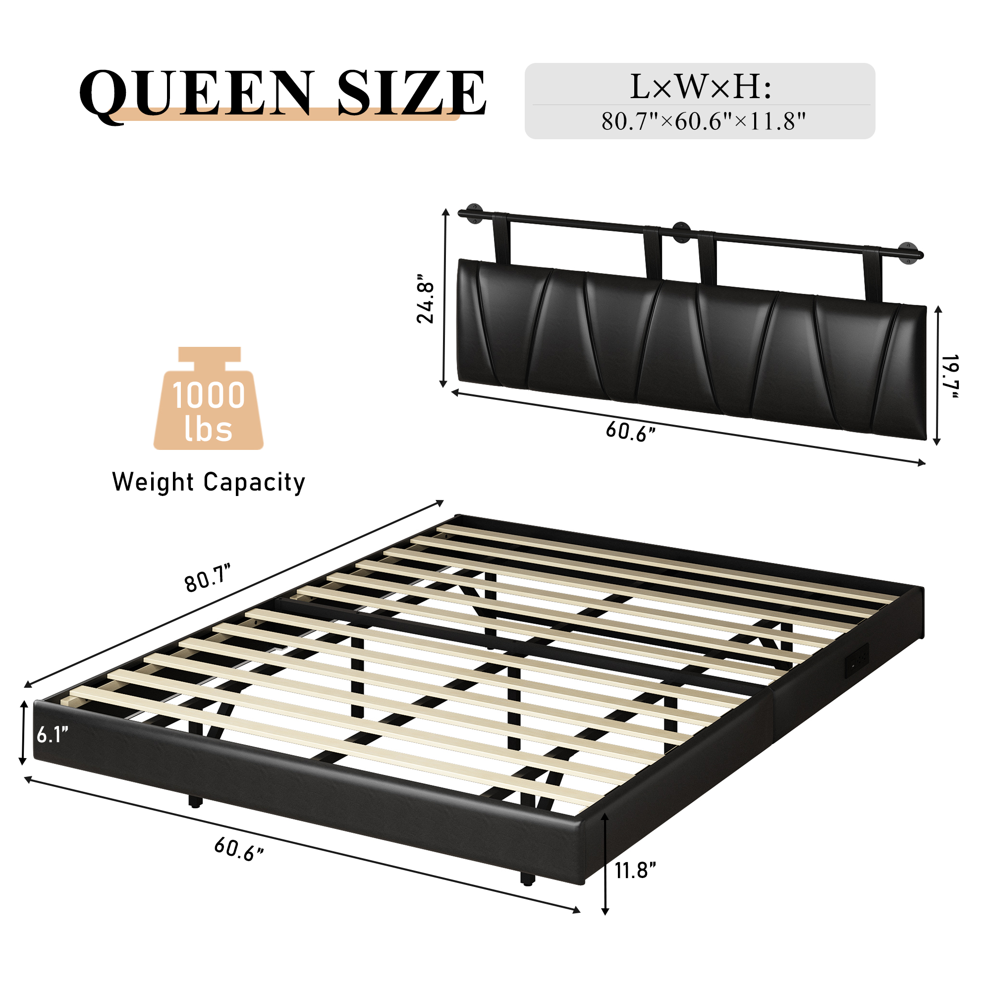 Queen Size Floating Bed Frame with LED Light & Side Charging Station, Storage Platform Bed with Adjustable Upholstered Headboard