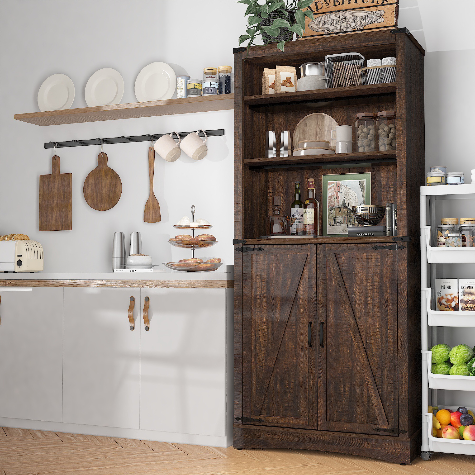 71" Tall Farmhouse Kitchen Pantry with Adjustable Shelves, 5 Layers Pantry Storage Cabinet with 2 Barn Doors&Load-Bearing Steel Pipe for Kitchen, Dining Room, Living Room, Rustic White