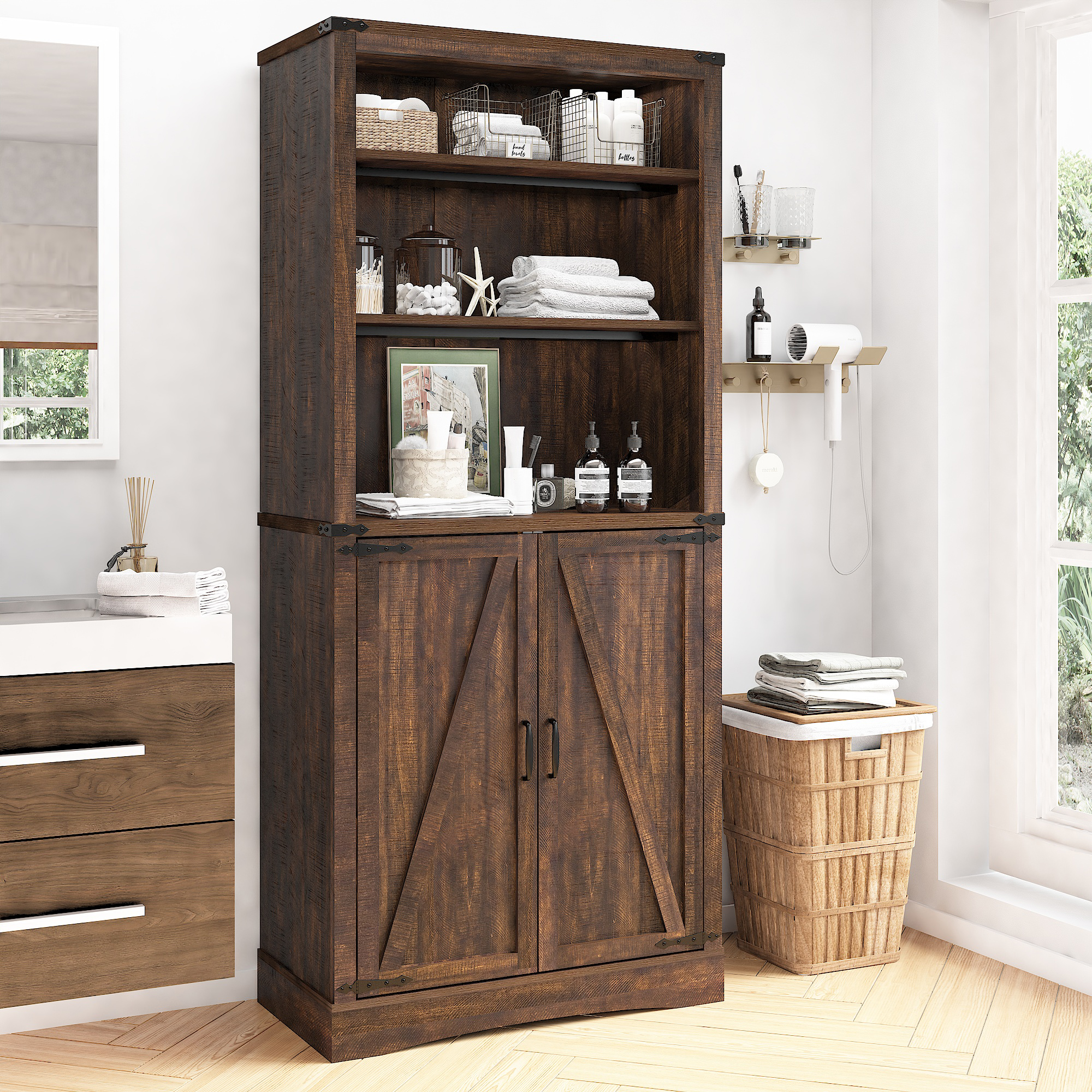 71" Tall Farmhouse Kitchen Pantry with Adjustable Shelves, 5 Layers Pantry Storage Cabinet with 2 Barn Doors&Load-Bearing Steel Pipe for Kitchen, Dining Room, Living Room, Rustic White