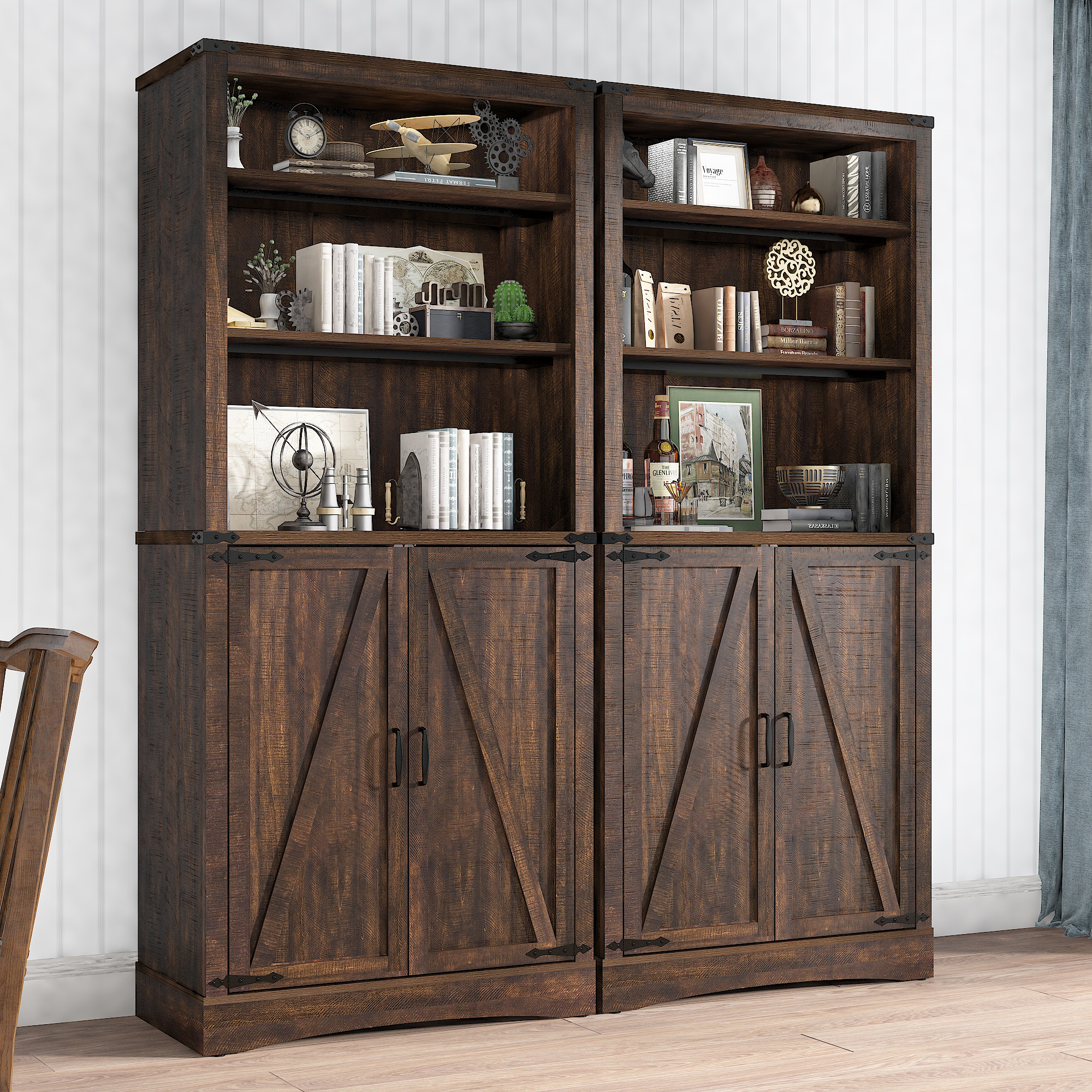 71" Tall Farmhouse Kitchen Pantry with Adjustable Shelves, 5 Layers Pantry Storage Cabinet with 2 Barn Doors&Load-Bearing Steel Pipe for Kitchen, Dining Room, Living Room, Rustic White